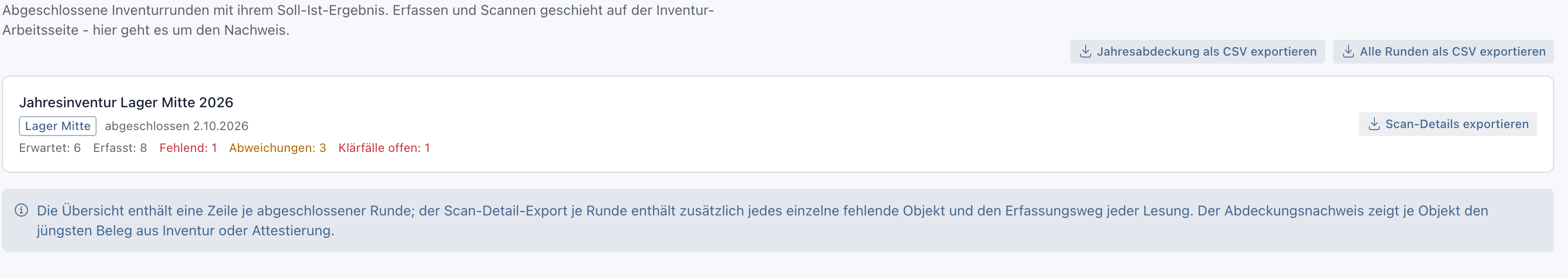 Nachweise, Reiter Inventur mit den Knöpfen Jahresabdeckung als CSV exportieren und Alle Runden als CSV exportieren und der abgeschlossenen Runde mit Scan-Details exportieren