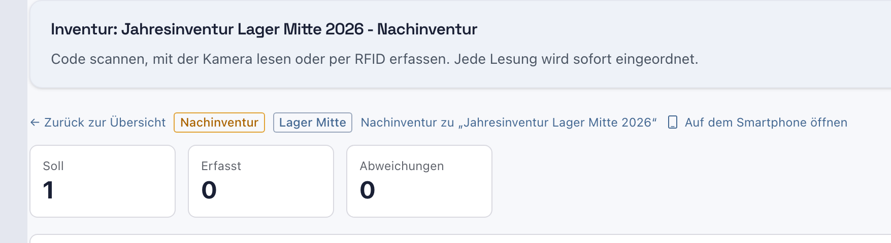 Neue Runde Jahresinventur Lager Mitte 2026 - Nachinventur mit dem Abzeichen Nachinventur, dem Verweis auf die ursprüngliche Runde und Soll 1
