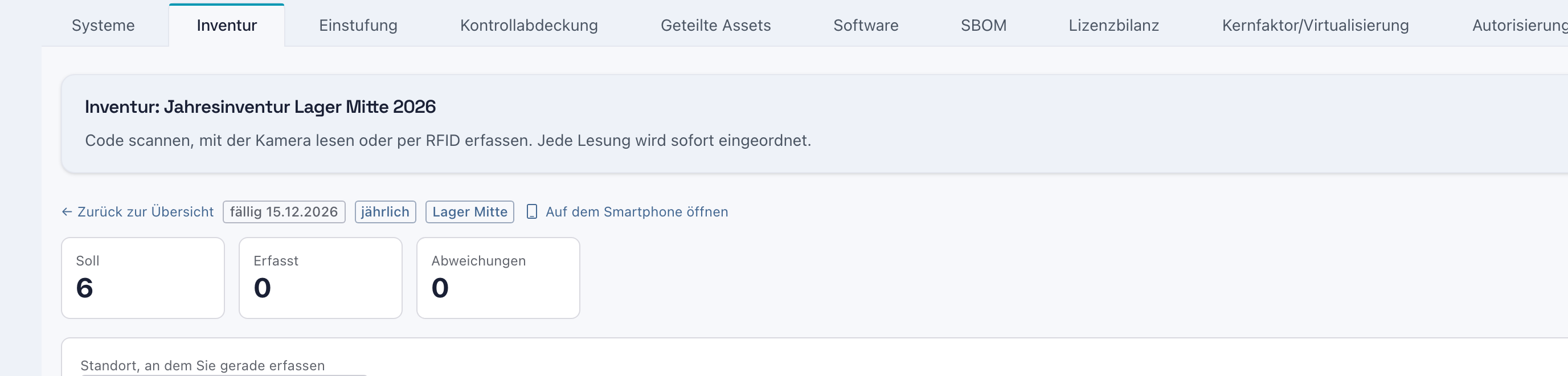Arbeitsseite der neuen Runde mit Soll 6, Erfasst 0 und Abweichungen 0