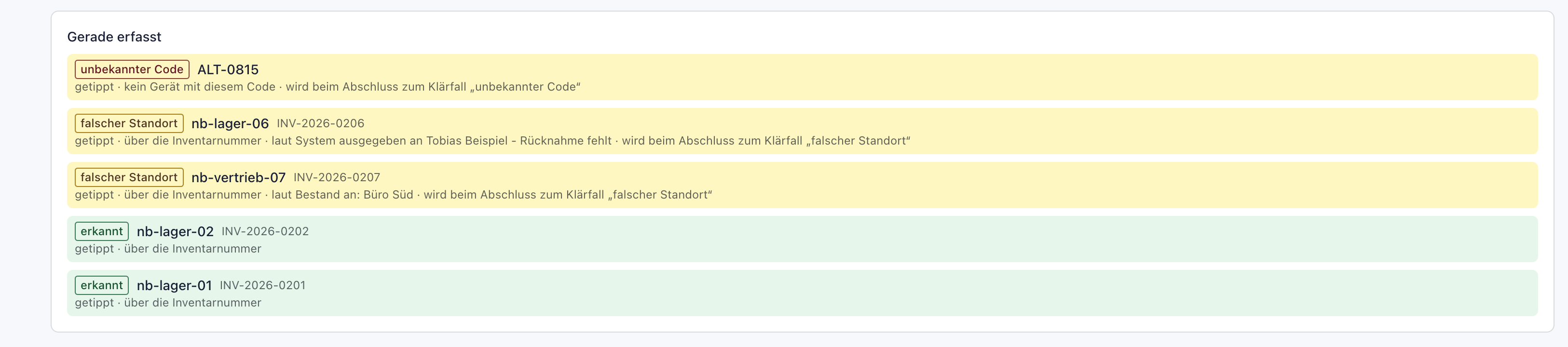 Liste Gerade erfasst mit dem unbekannten Code ALT-0815, zwei Notebooks am falschen Standort und zwei erkannten Notebooks