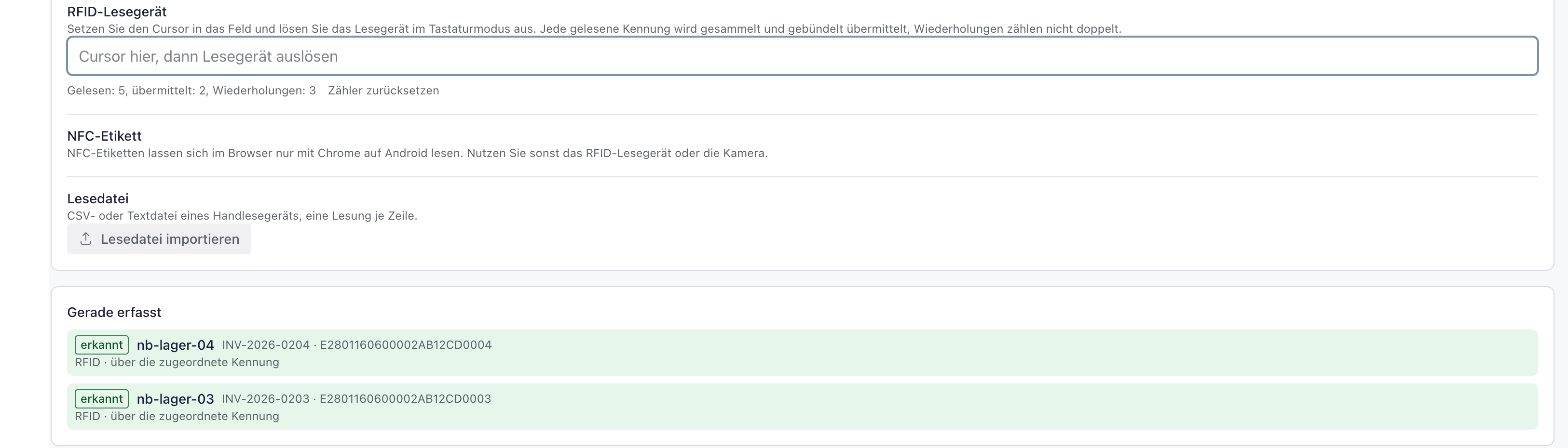 Erfassungsweg RFID / NFC mit dem Feld des RFID-Lesegeräts, dem Zähler Gelesen 5, übermittelt 2, Wiederholungen 3 und zwei erkannten Notebooks unter Gerade erfasst