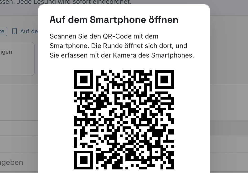 Fenster Auf dem Smartphone öffnen mit Hinweistext und einem QR-Code zur Runde