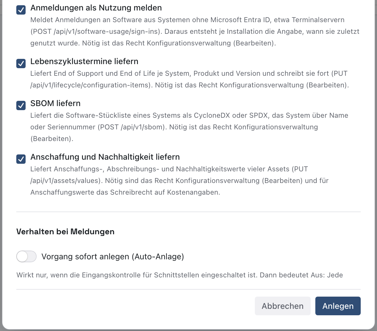 Dialog Schlüssel anlegen mit den angehakten Berechtigungen Anmeldungen als Nutzung melden, Lebenszyklustermine liefern, SBOM liefern und Anschaffung und Nachhaltigkeit liefern und dem Knopf Anlegen