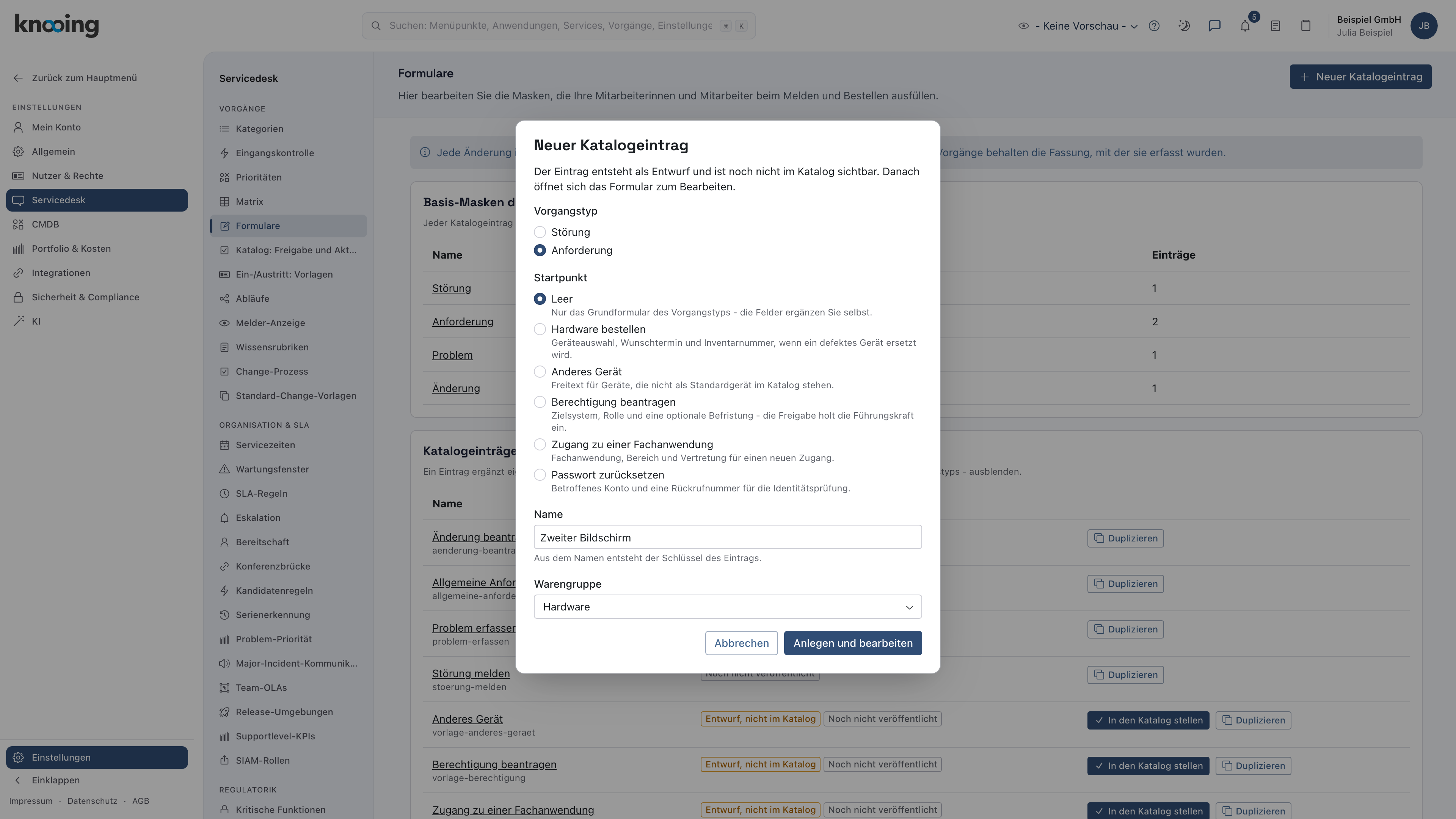 Dialog Neuer Katalogeintrag mit Vorgangstyp, Startpunkt, Name und Warengruppe