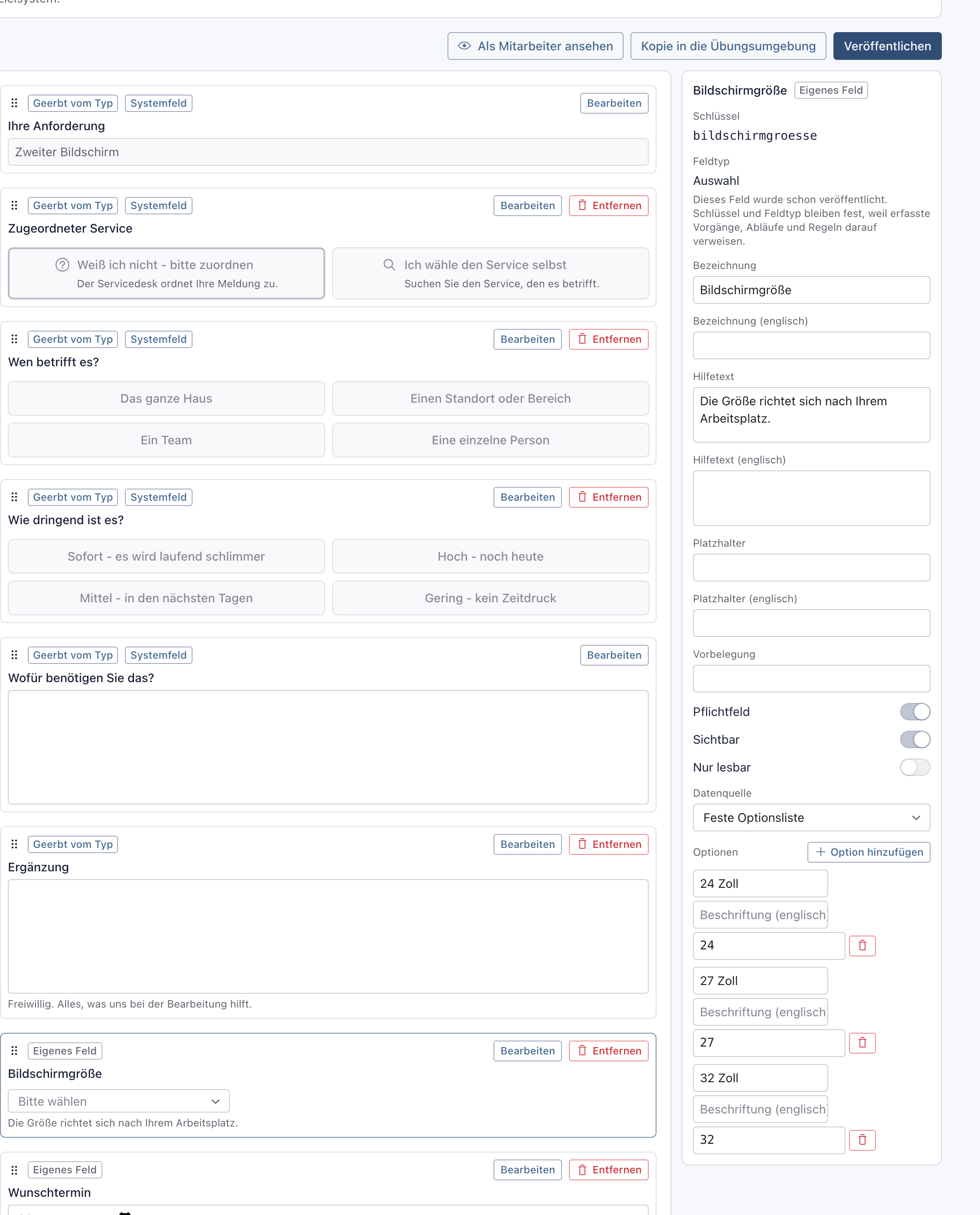Formular-Editor mit einem eigenen Auswahlfeld Bildschirmgröße und seinen Eigenschaften