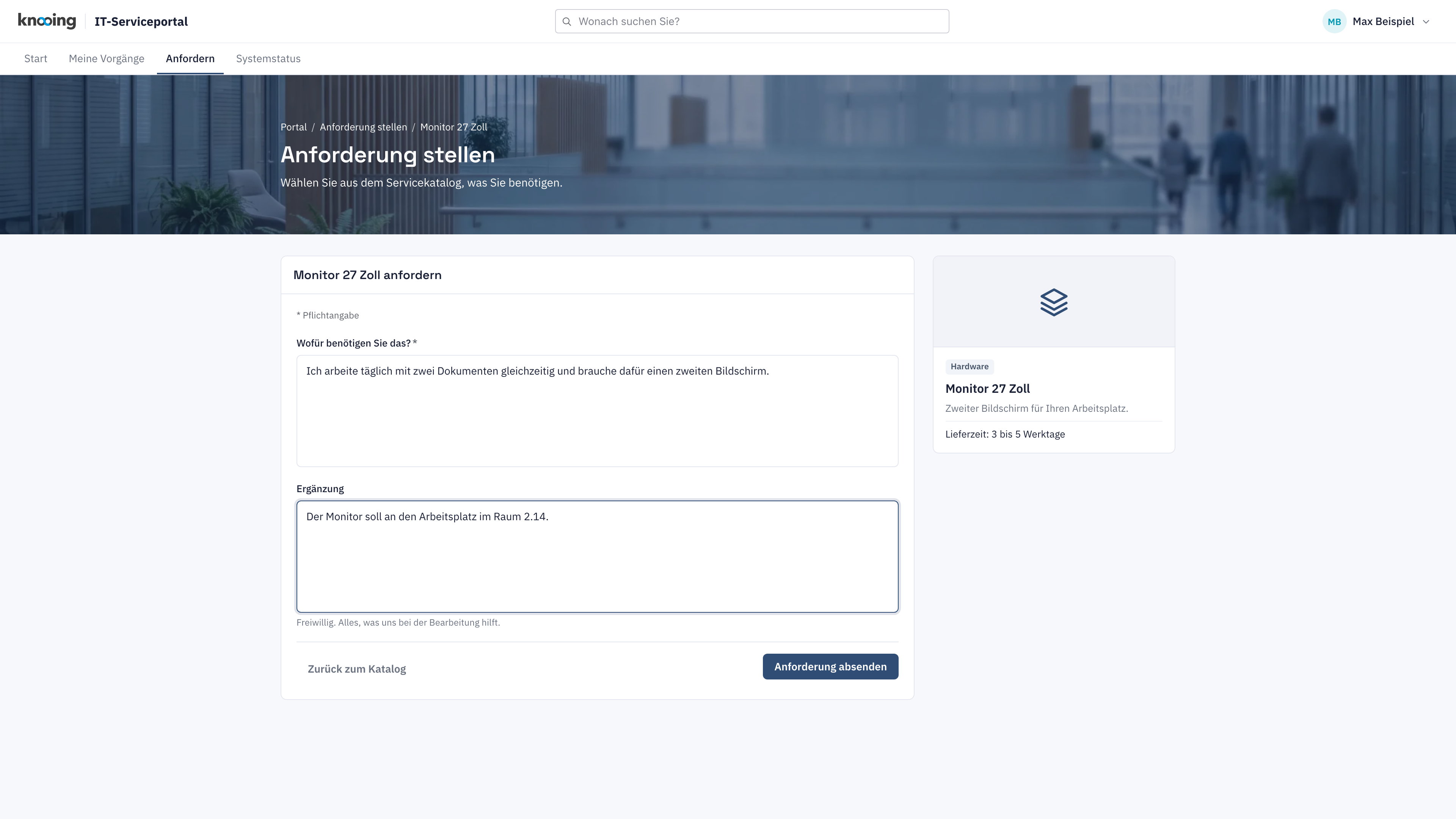 Ausgefülltes Bestellformular Monitor 27 Zoll anfordern mit Begründung und Ergänzung