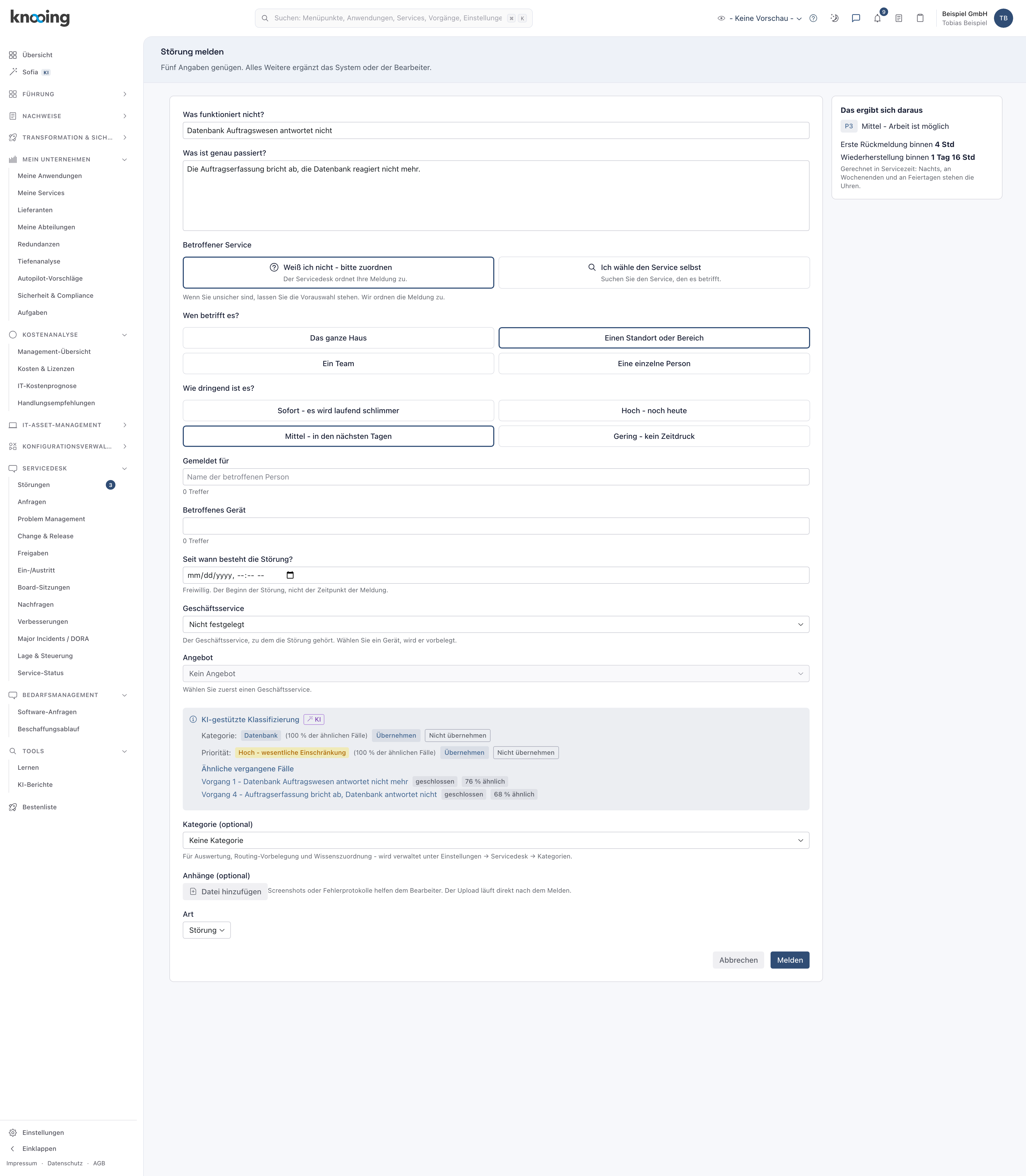Block KI-gestützte Klassifizierung mit Vorschlag Kategorie Datenbank, Priorität Hoch und zwei ähnlichen Fällen