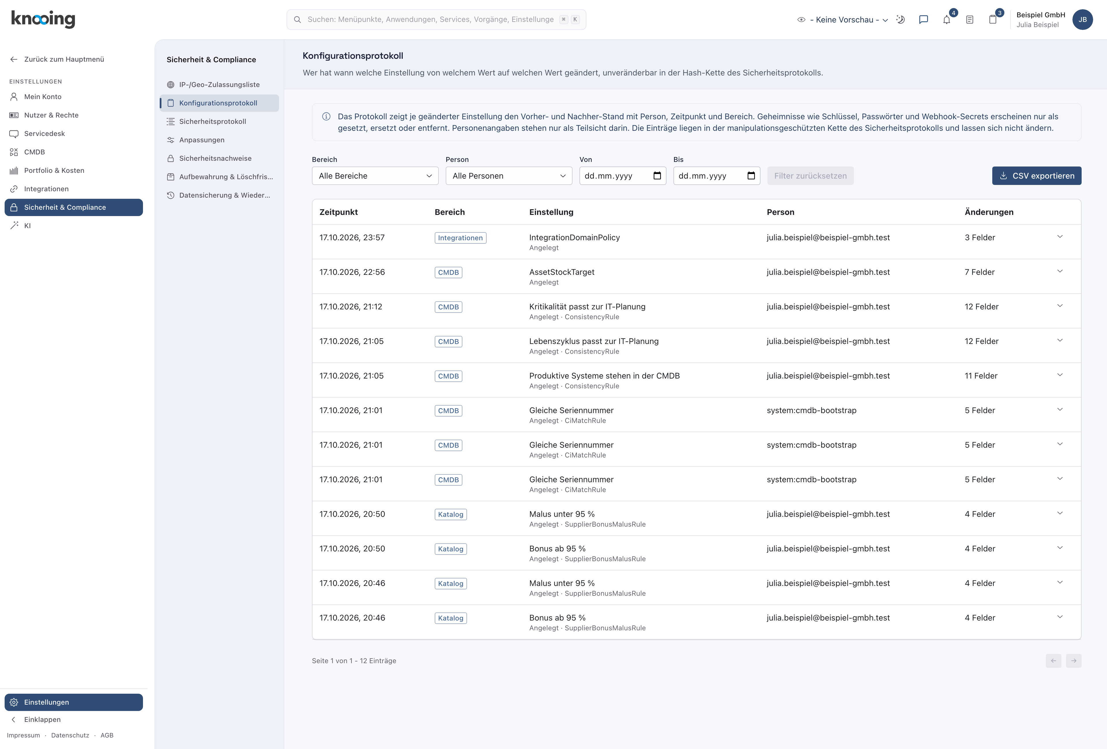 Konfigurationsprotokoll mit den Filtern Bereich, Person, Von und Bis, dem Knopf CSV exportieren und der Liste der Änderungen mit Zeitpunkt, Bereich, Einstellung, Person und Änderungen