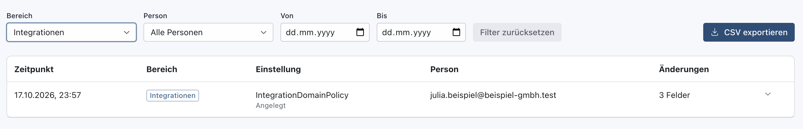 Filter Bereich Integrationen und darunter die eine passende Änderung