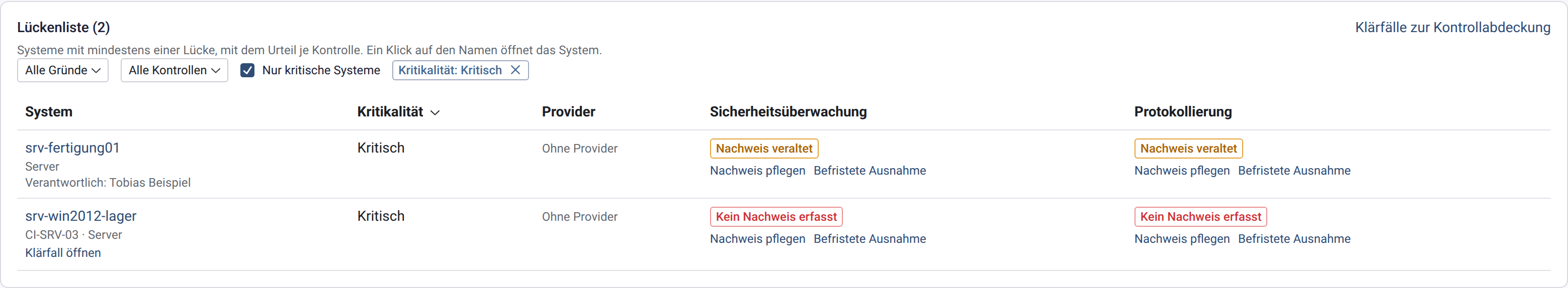 Lückenliste, gefiltert auf die Kritikalität Kritisch mit zwei Systemen