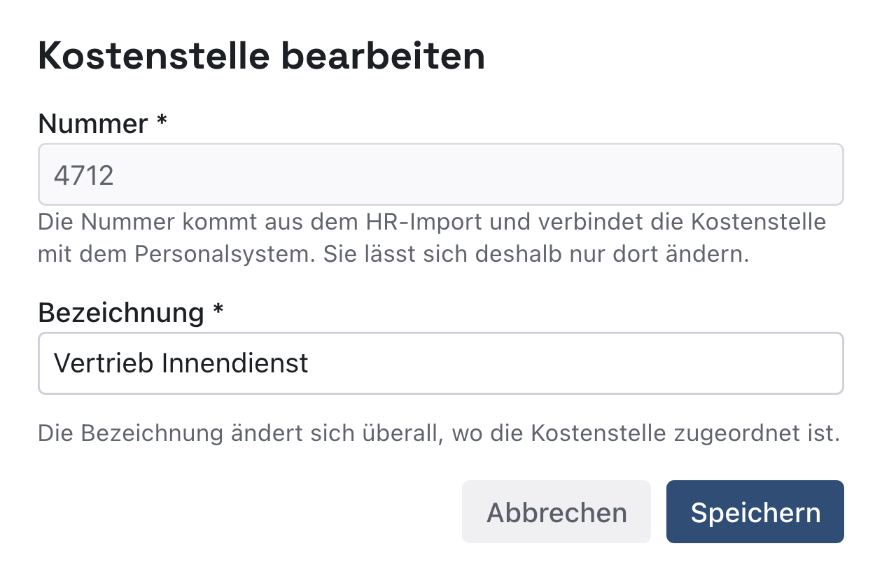 Dialog Kostenstelle bearbeiten: Nummer 4712 gesperrt mit dem Hinweis auf den HR-Import, Bezeichnung Vertrieb Innendienst, Knöpfe Abbrechen und Speichern