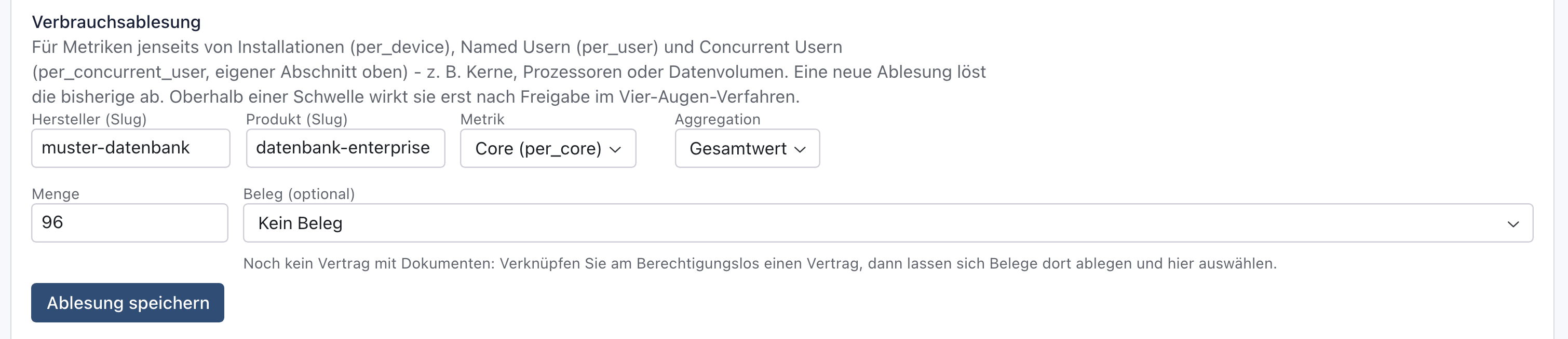 Abschnitt Verbrauchsablesung mit ausgefülltem Hersteller, Produkt, Metrik Core, Aggregation Gesamtwert und Menge 96