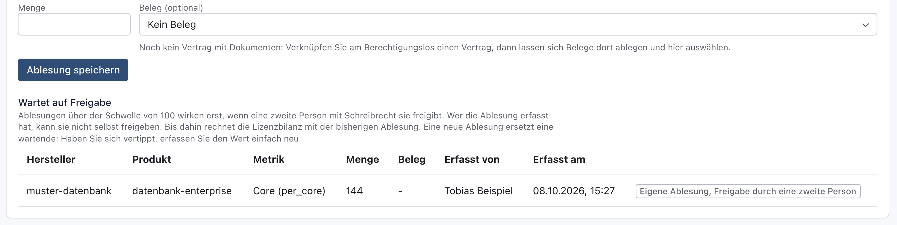 Abschnitt Verbrauchsablesung mit der Ablesung von Tobias Beispiel über 144 Kerne unter Wartet auf Freigabe