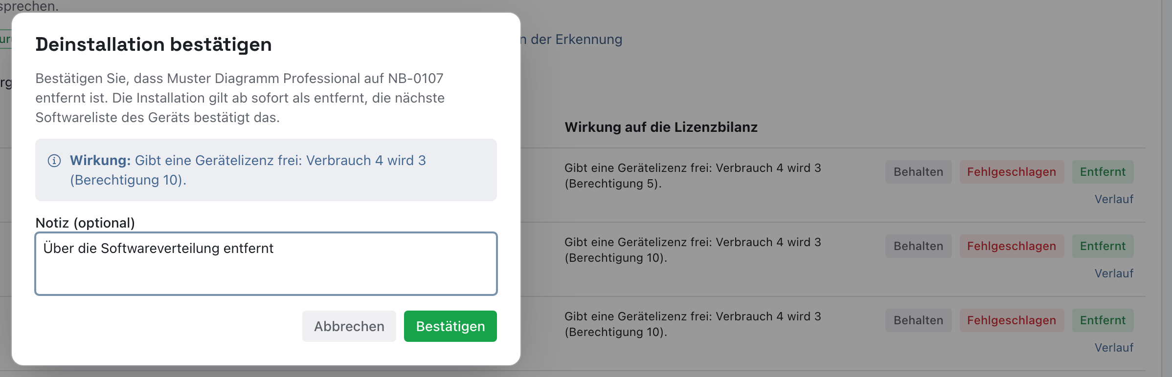 Dialog Deinstallation bestätigen für Muster Diagramm Professional auf NB-0107 mit Wirkung und Notiz