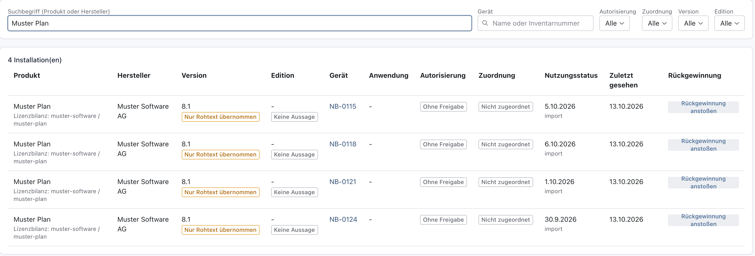 Reiter Software mit dem Suchbegriff Muster Plan und vier Installationen, rechts die Spalte Rückgewinnung