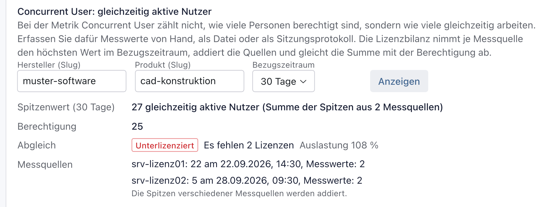 Abschnitt Concurrent User mit Bezugszeitraum 30 Tage, summiertem Spitzenwert und Abgleich