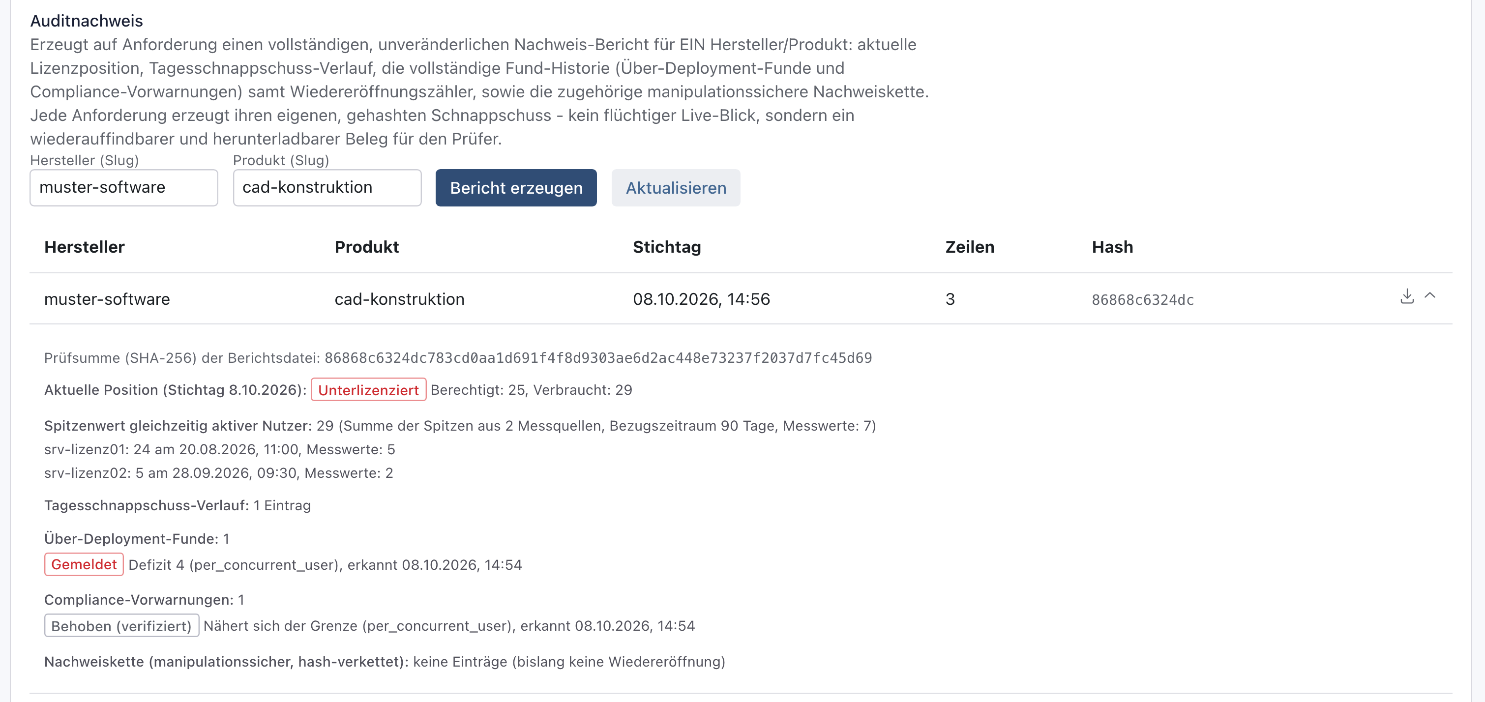 Abschnitt Auditnachweis mit erzeugtem Bericht und der Zeile zum Spitzenwert gleichzeitig aktiver Nutzer