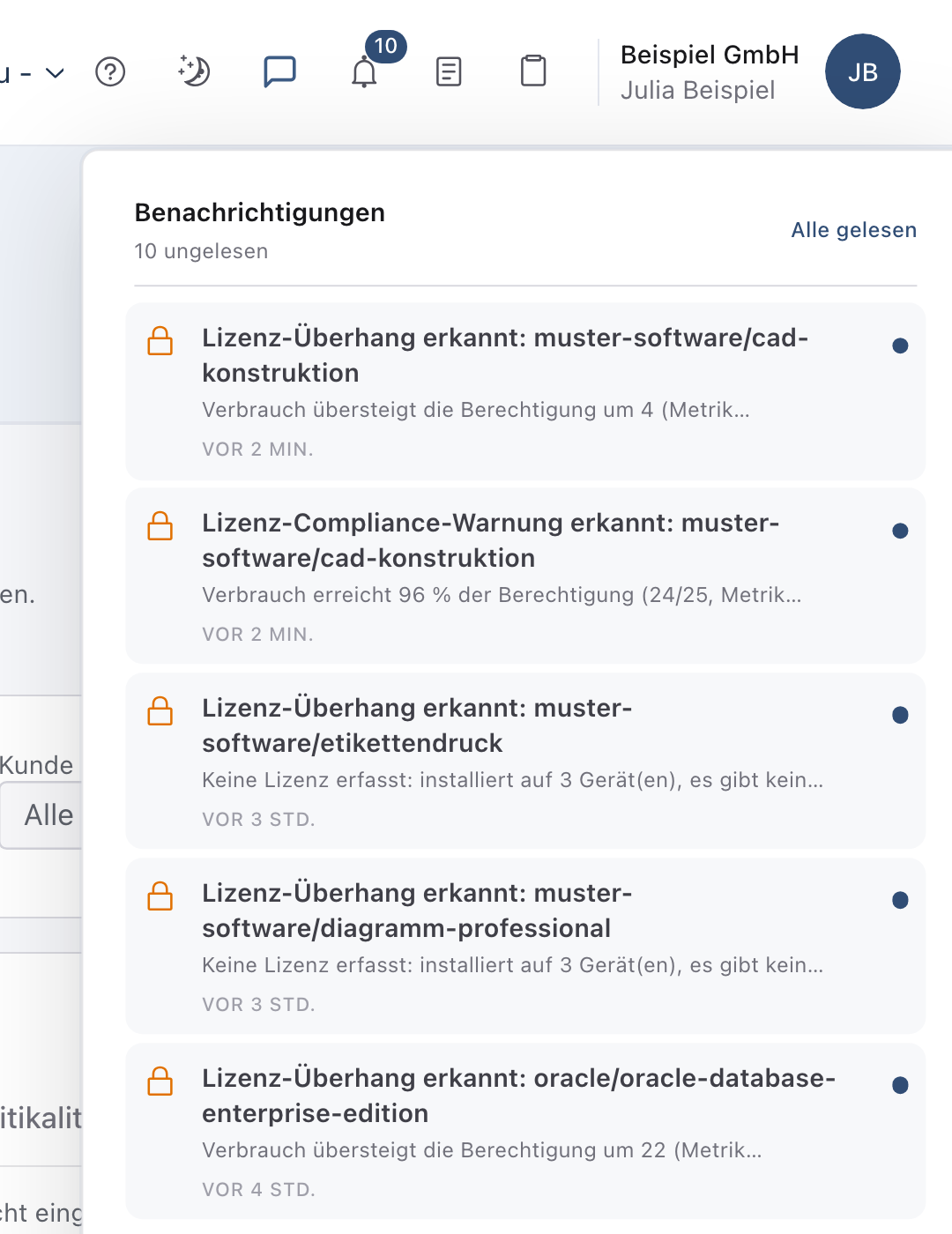 Geöffnete Glocke mit der Meldung zum Lizenz-Überhang für muster-software/cad-konstruktion