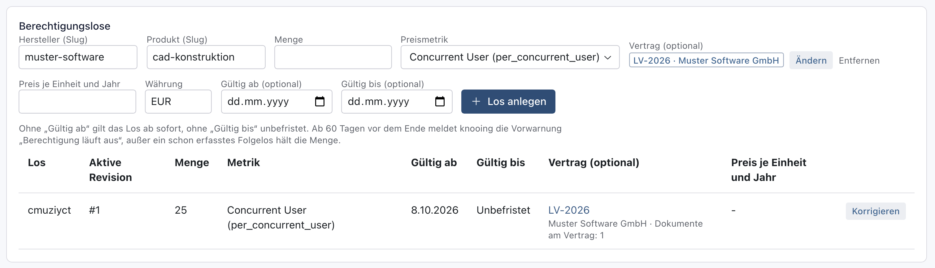 Abschnitt Berechtigungslose mit der Preismetrik Concurrent User, dem gewählten Vertrag LV-2026 und dem neuen Los darunter