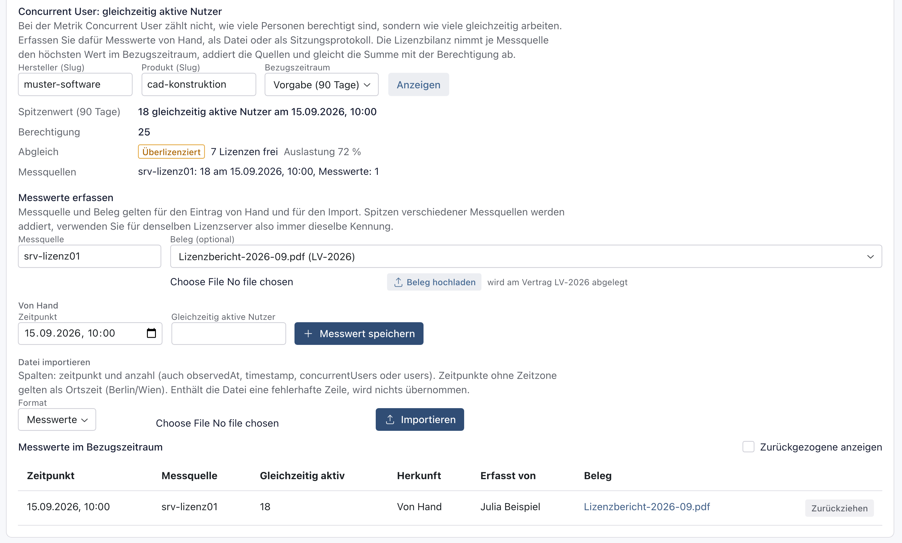 Abschnitt Concurrent User mit Spitzenwert, Berechtigung und Abgleich, darunter Messquelle, gewählter Beleg und der gespeicherte Messwert in der Tabelle
