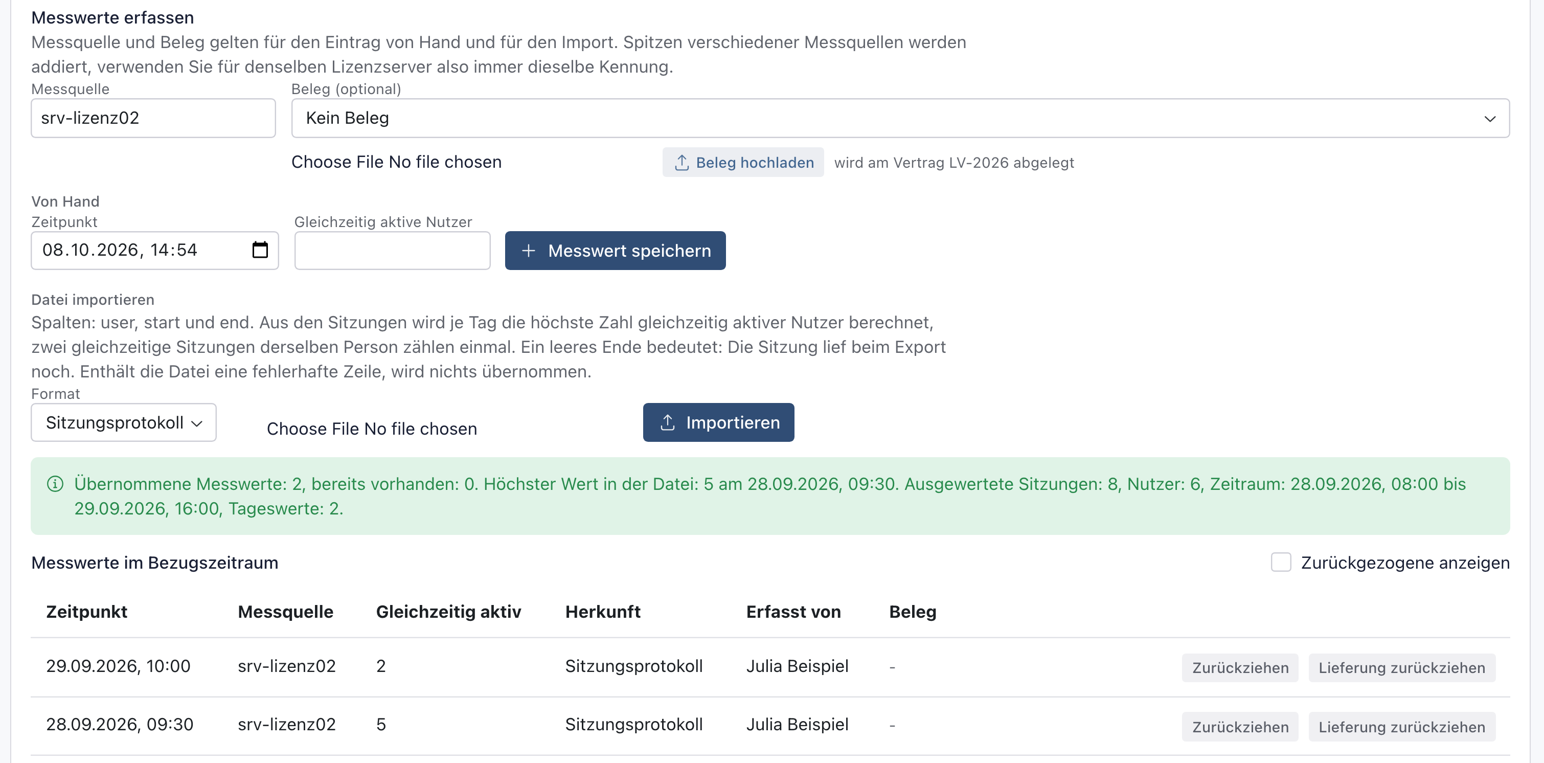 Messquelle srv-lizenz02 und Format Sitzungsprotokoll, Zusammenfassung des Imports und die berechneten Tageswerte
