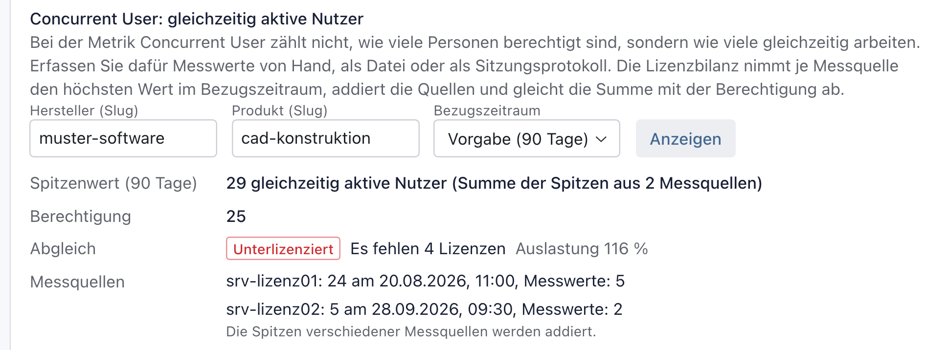 Abschnitt Concurrent User nach beiden Importen: Spitzenwert als Summe aus 2 Messquellen, Abgleich Unterlizenziert und die Spitze je Messquelle