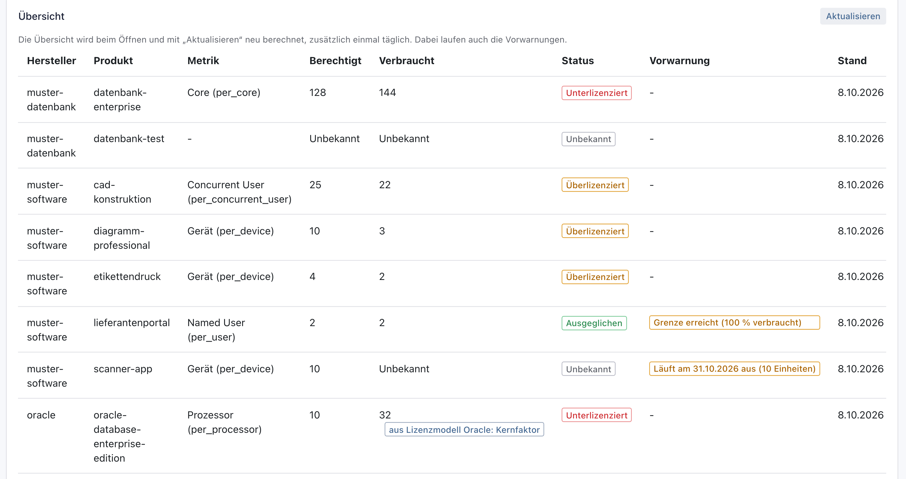 Übersicht der Lizenzbilanz mit acht Programmen in den Zuständen Unterlizenziert, Überlizenziert, Ausgeglichen und Unbekannt, zwei davon mit einer Vorwarnung
