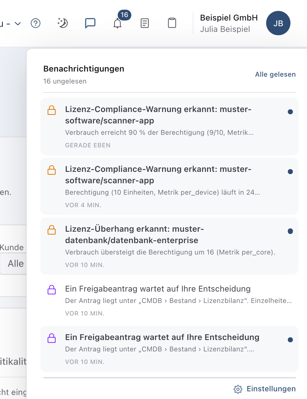 Geöffnete Glocke, oben zwei Einträge Lizenz-Compliance-Warnung erkannt: muster-software/scanner-app