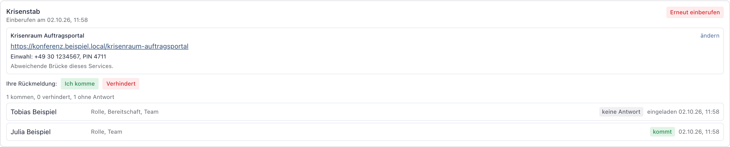 Block Krisenstab mit den Schaltflächen Ich komme und Verhindert und der Liste der eingeladenen Personen