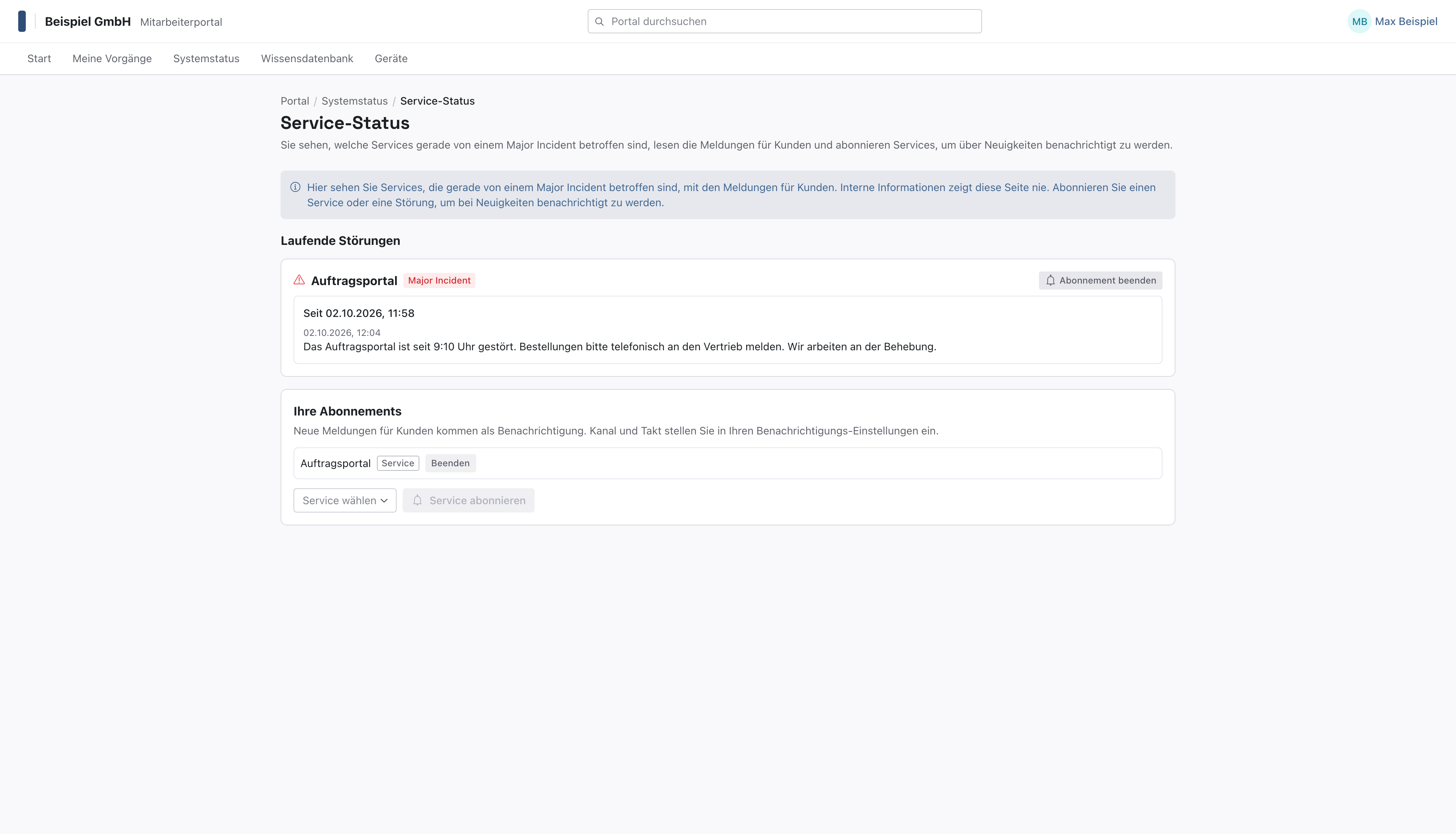 Portalseite Service-Status mit dem Abonnement Auftragsportal unter Ihre Abonnements