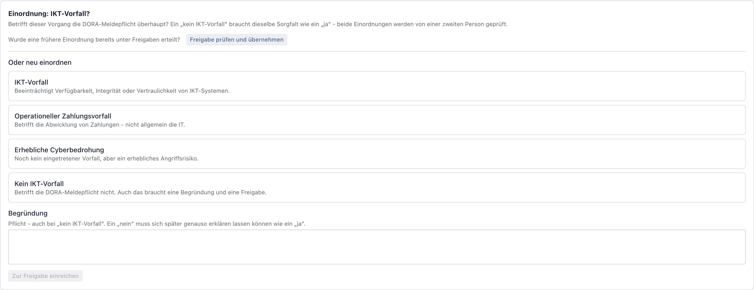 Reiter DORA mit der Schaltfläche Freigabe prüfen und übernehmen
