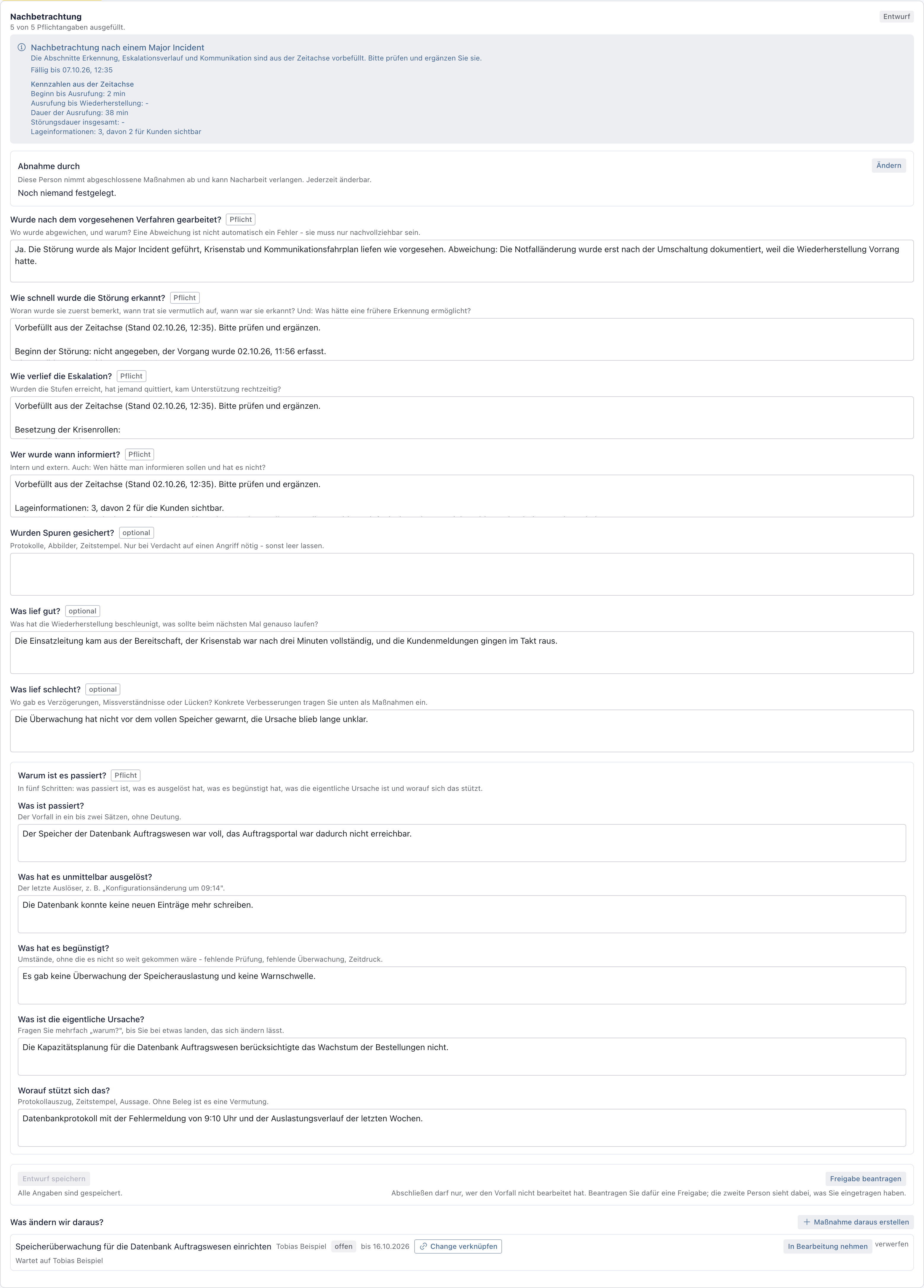 Nachbetrachtung mit Kennzahlen, Abnahme durch, Pflichtfeldern, dem Block Warum ist es passiert und der Maßnahme