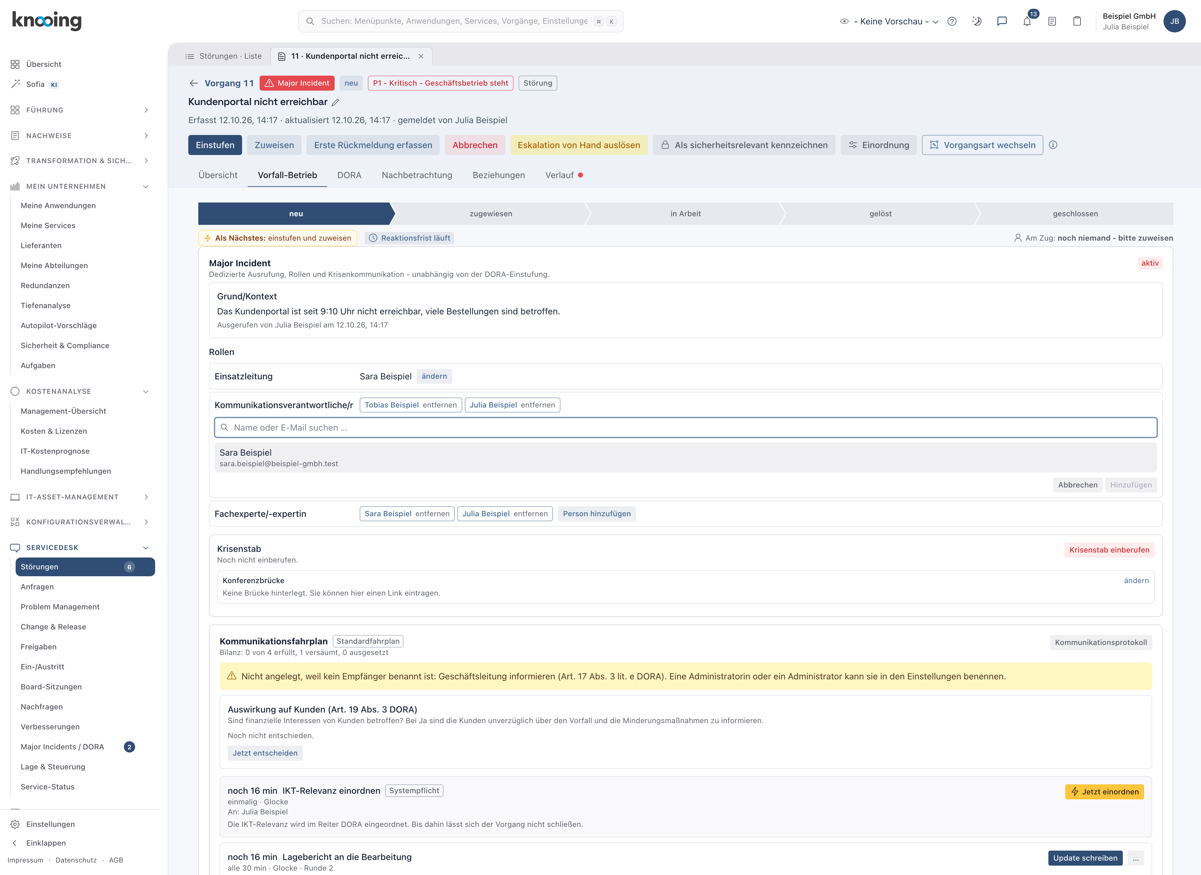 Zeile Kommunikationsverantwortliche/r mit geöffneter Suche Name oder E-Mail suchen und der Liste der Personen