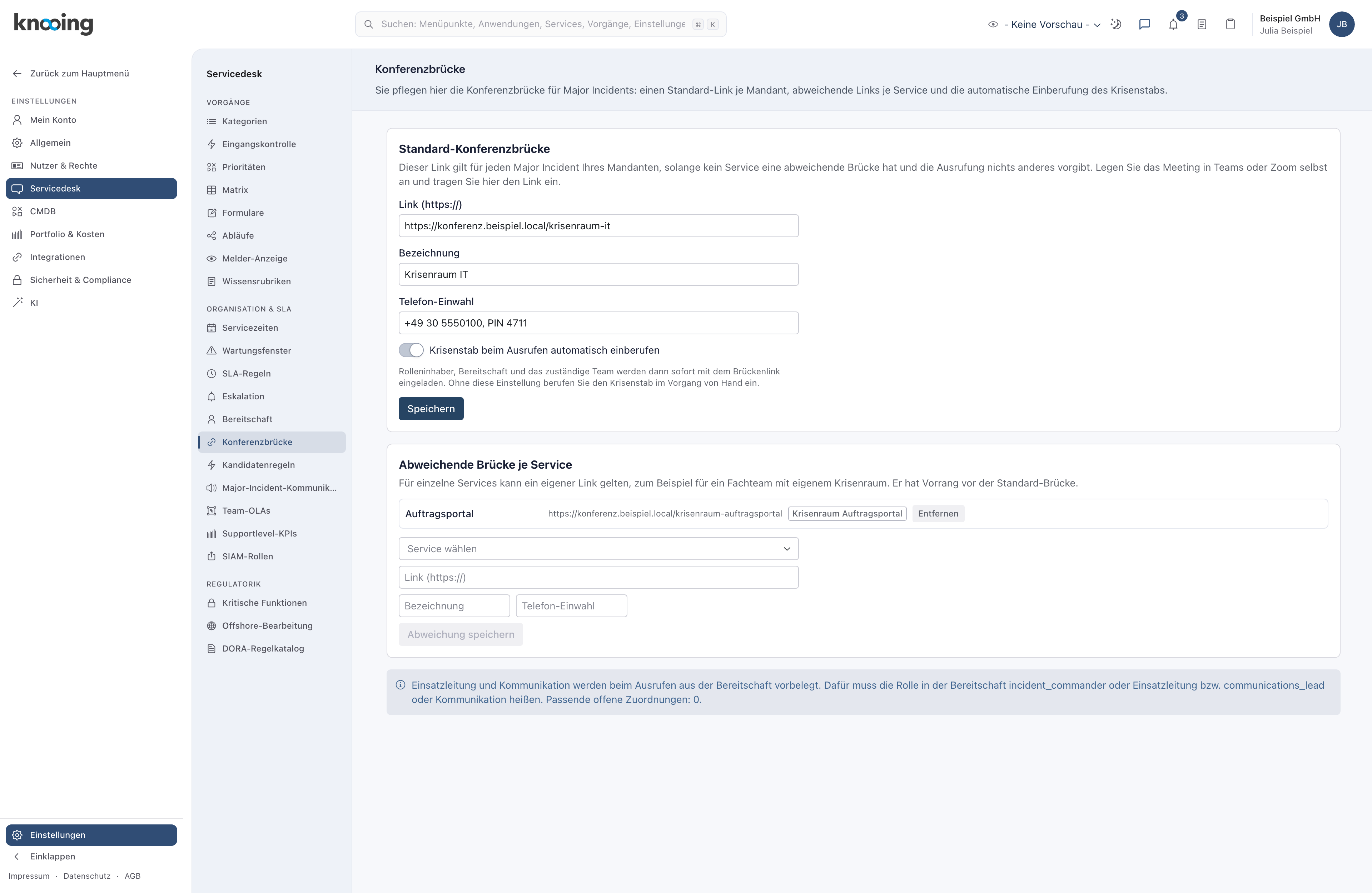 Liste der abweichenden Brücken mit dem Service Auftragsportal, seinem Link und der Bezeichnung