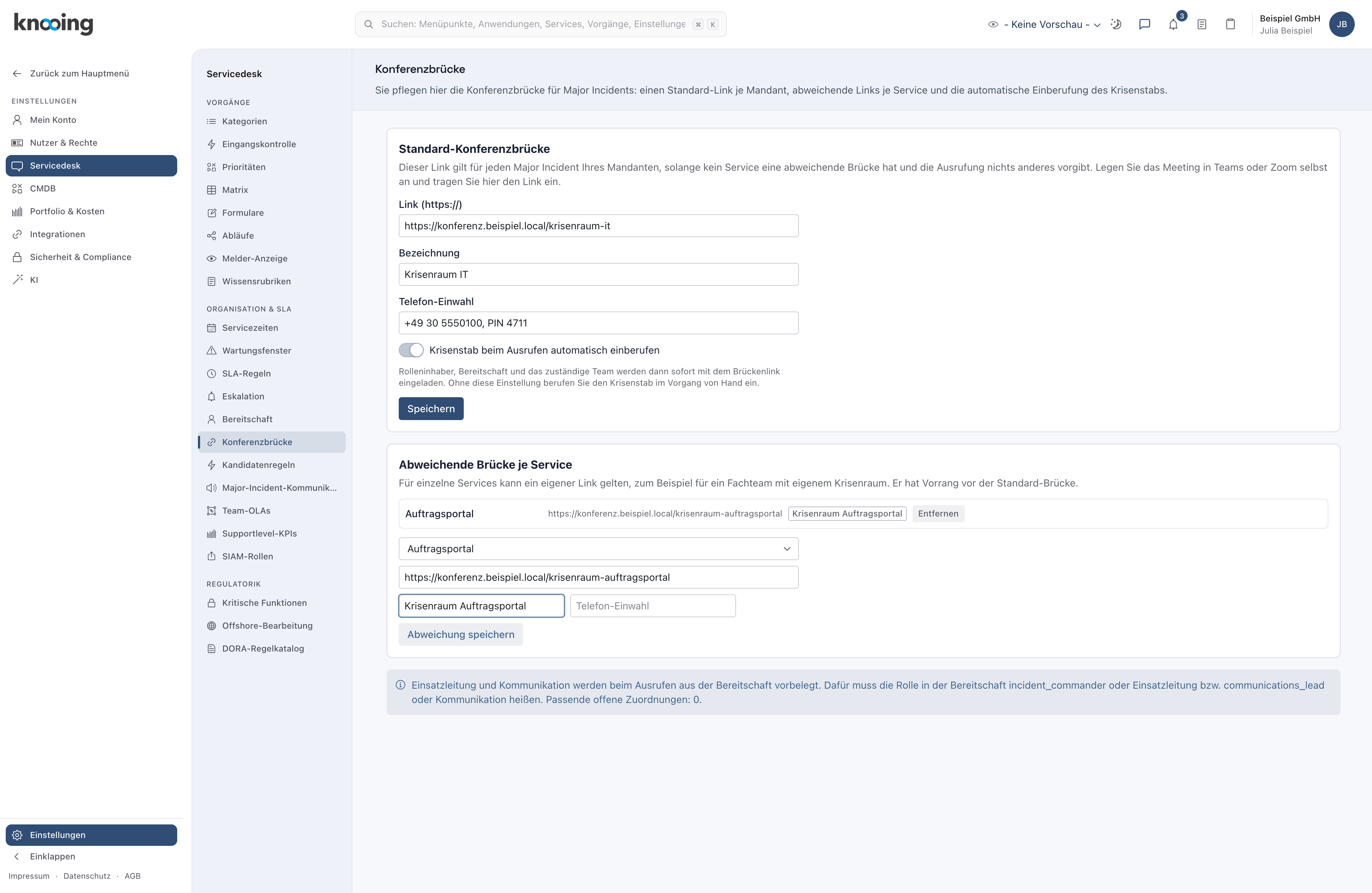 Bereich Abweichende Brücke je Service mit gewähltem Service Auftragsportal und eingetragenem Link