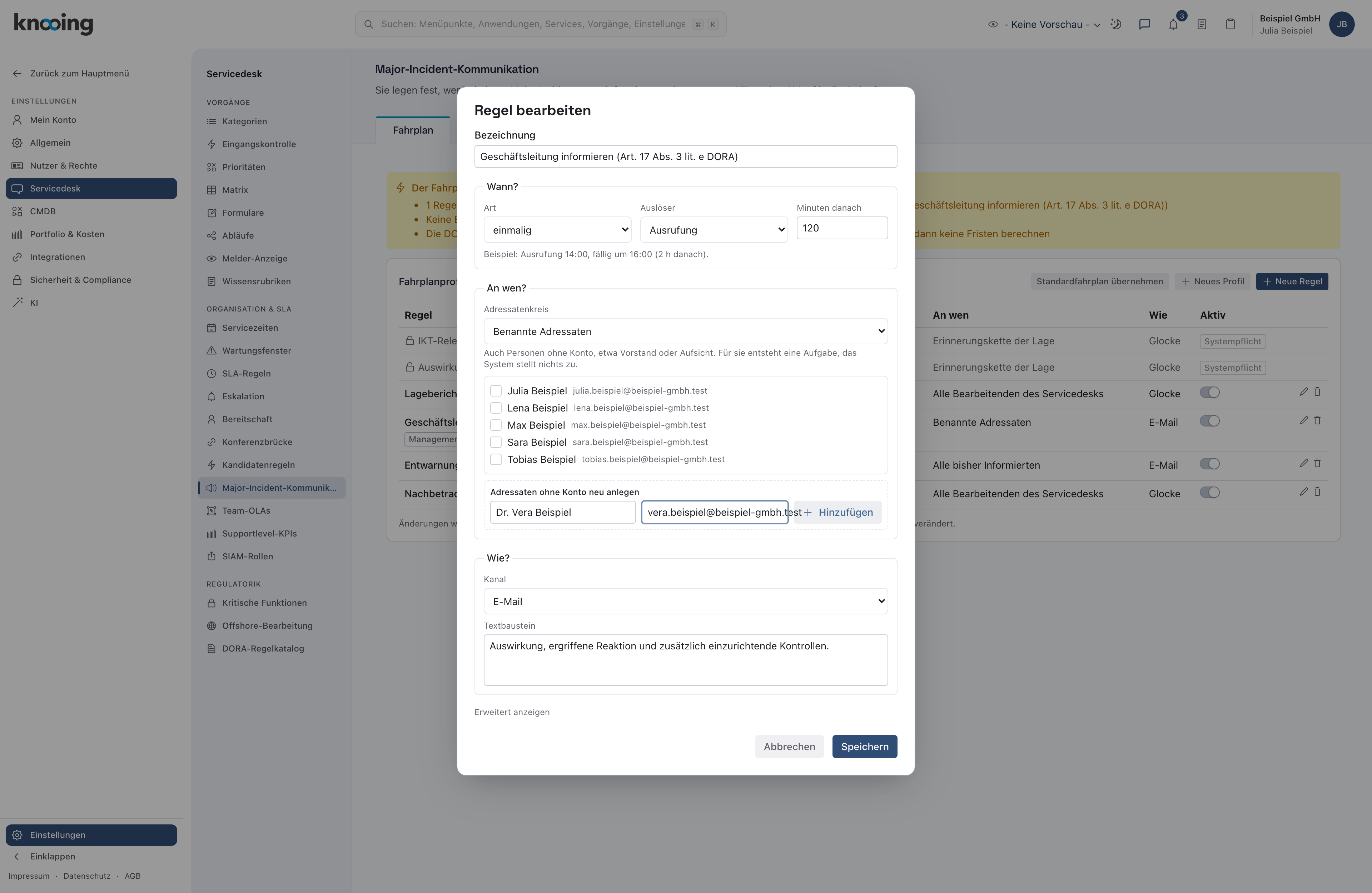 Dialog Regel bearbeiten mit dem Adressatenkreis Benannte Adressaten und ausgefüllten Feldern für einen neuen Adressaten ohne Konto
