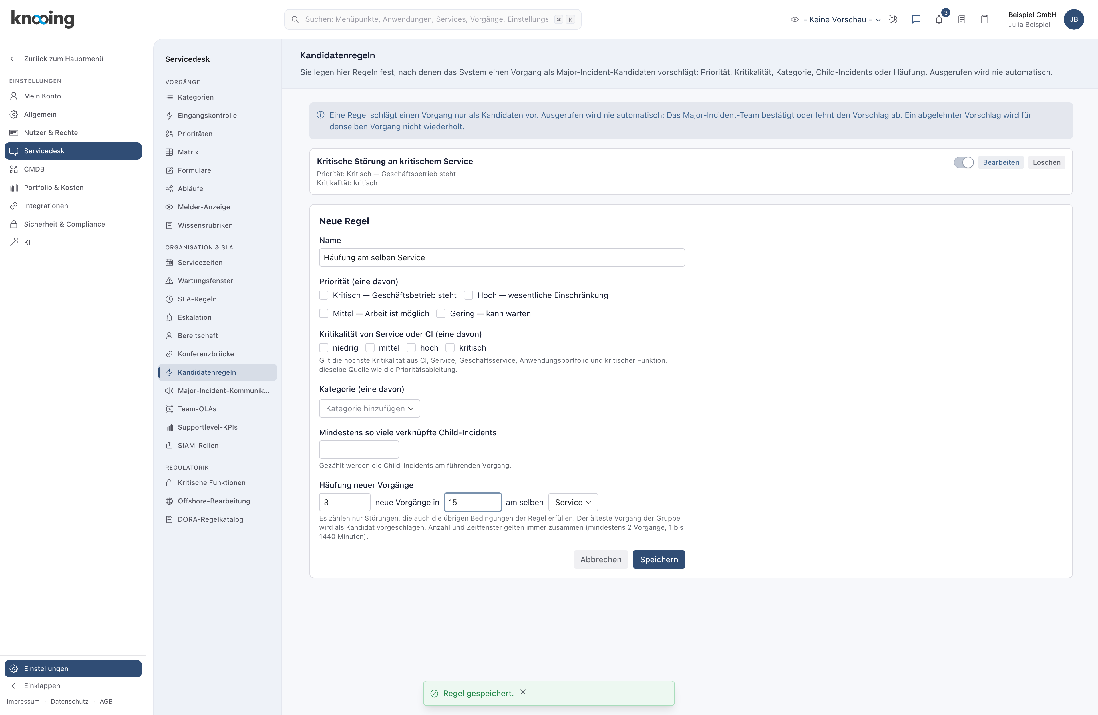 Formular Neue Regel mit dem Namen Häufung am selben Service und der Häufung 3 neue Vorgänge in 15 Minuten am selben Service