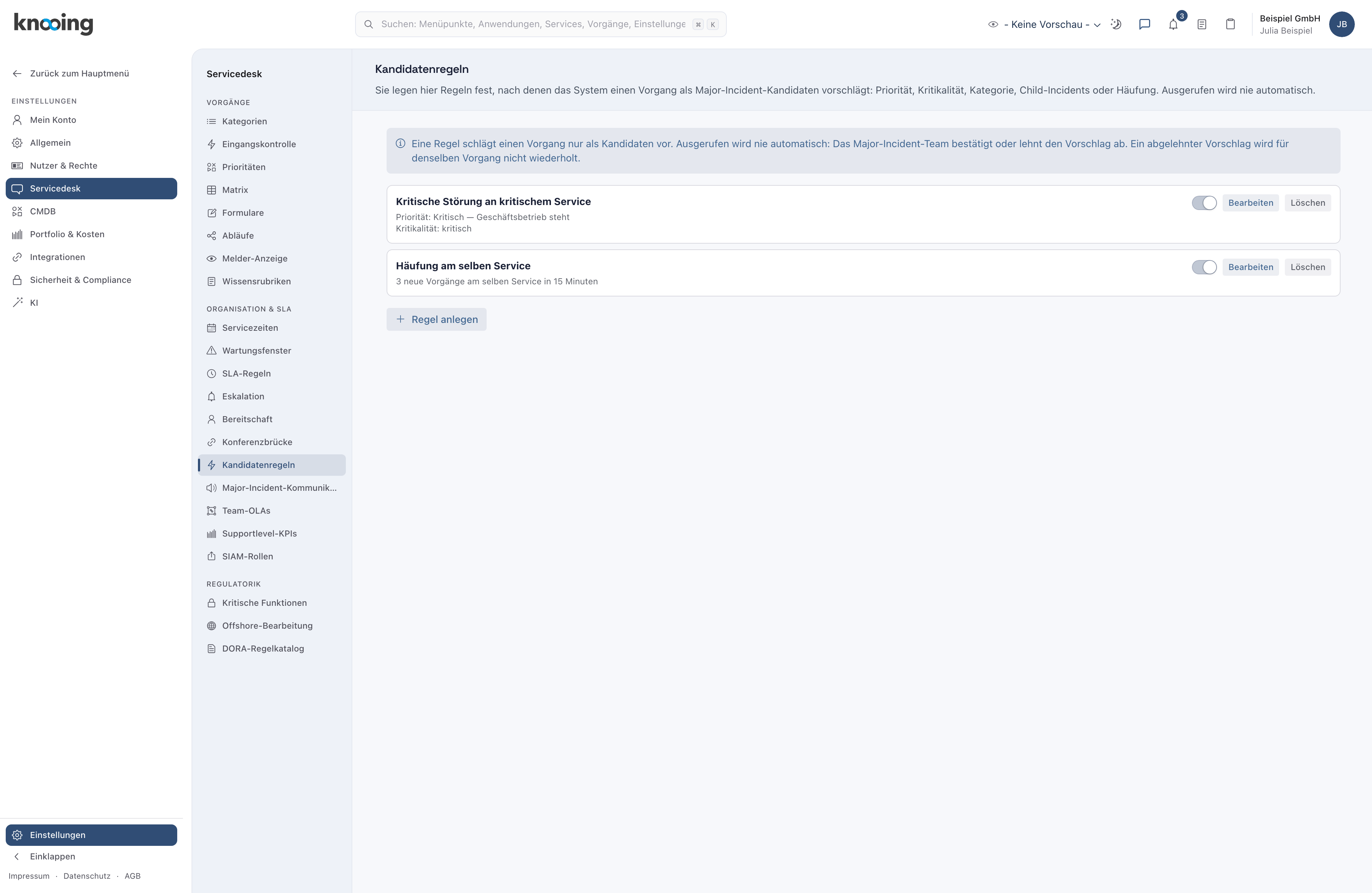 Liste der Kandidatenregeln mit zwei Regeln, Schaltern, Bearbeiten und Löschen