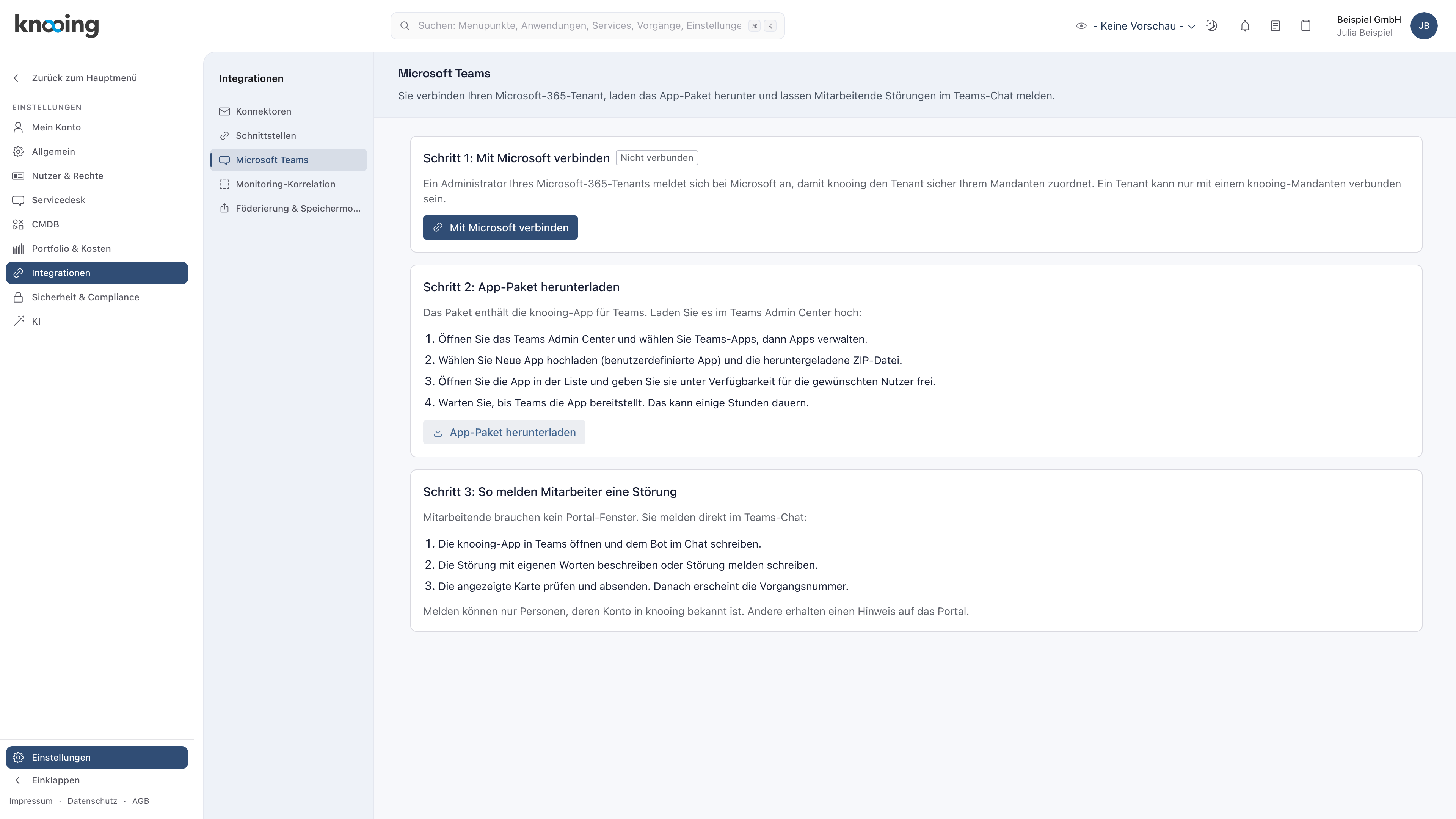 Einstellungsseite Microsoft Teams im Zustand Nicht verbunden