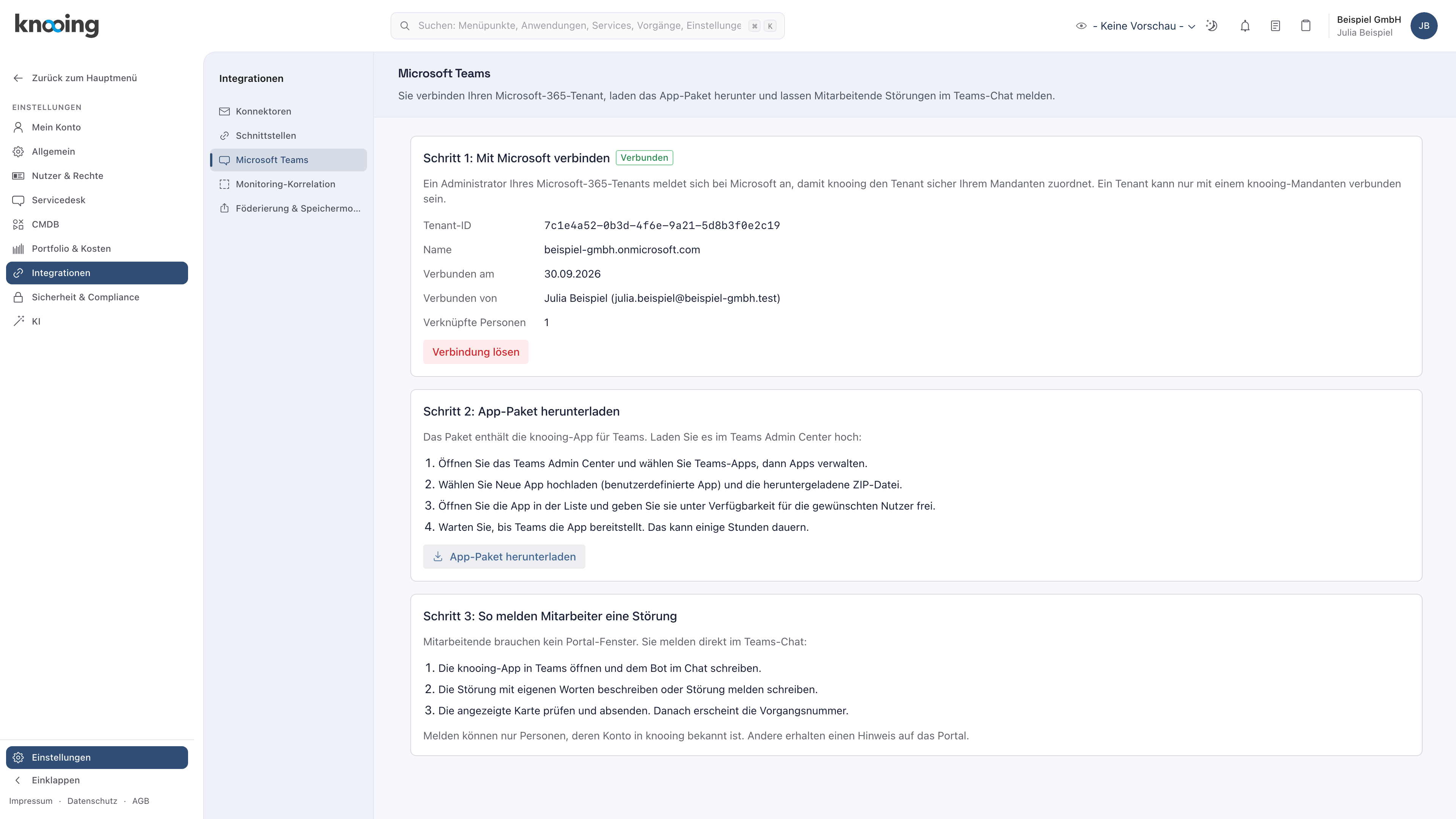 Einstellungsseite Microsoft Teams im Zustand Verbunden mit Tenant-ID, Name und verknüpften Personen