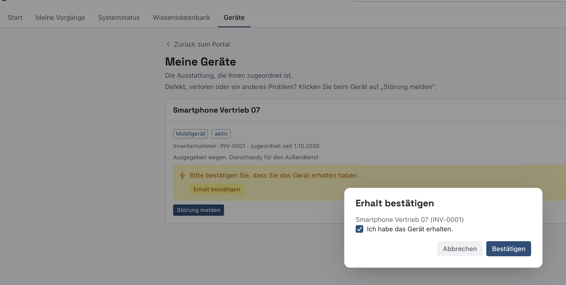 Mitarbeiterportal, Reiter Geräte, Seite Meine Geräte mit dem Smartphone Vertrieb 07 und dem Dialog Erhalt bestätigen mit gesetztem Haken
