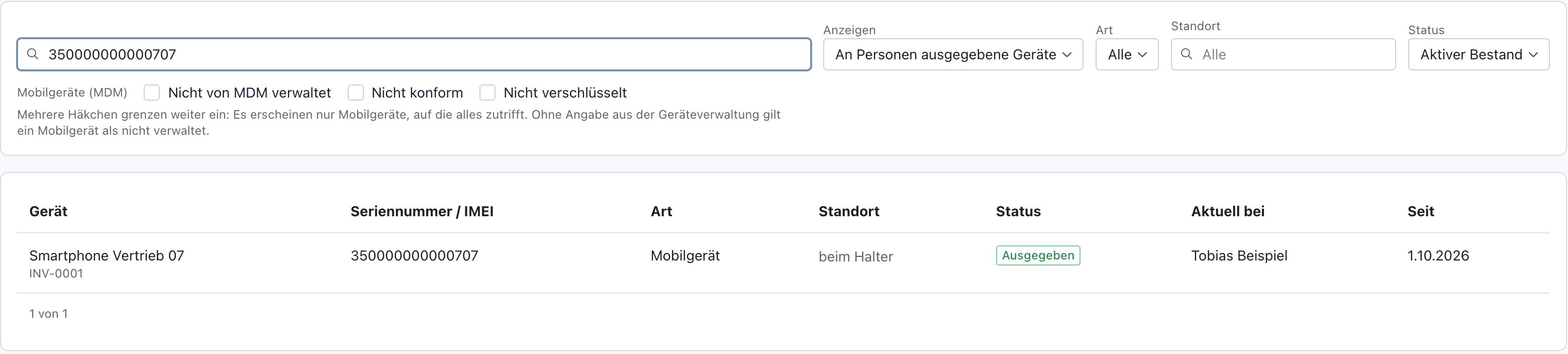Geräteliste mit der Suche nach der IMEI 350000000000707 und dem Treffer Smartphone Vertrieb 07, Mobilgerät, beim Halter, Ausgegeben, Aktuell bei Tobias Beispiel