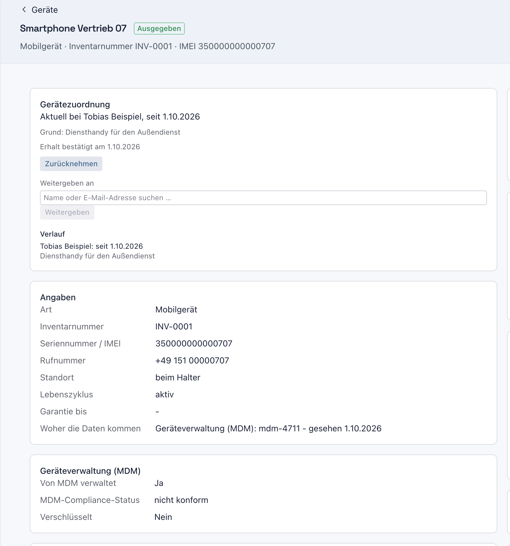 Geräteseite des Smartphone Vertrieb 07 mit der IMEI im Kopf, der Zeile Woher die Daten kommen und dem Block Geräteverwaltung (MDM) mit Ja, nicht konform und Nein