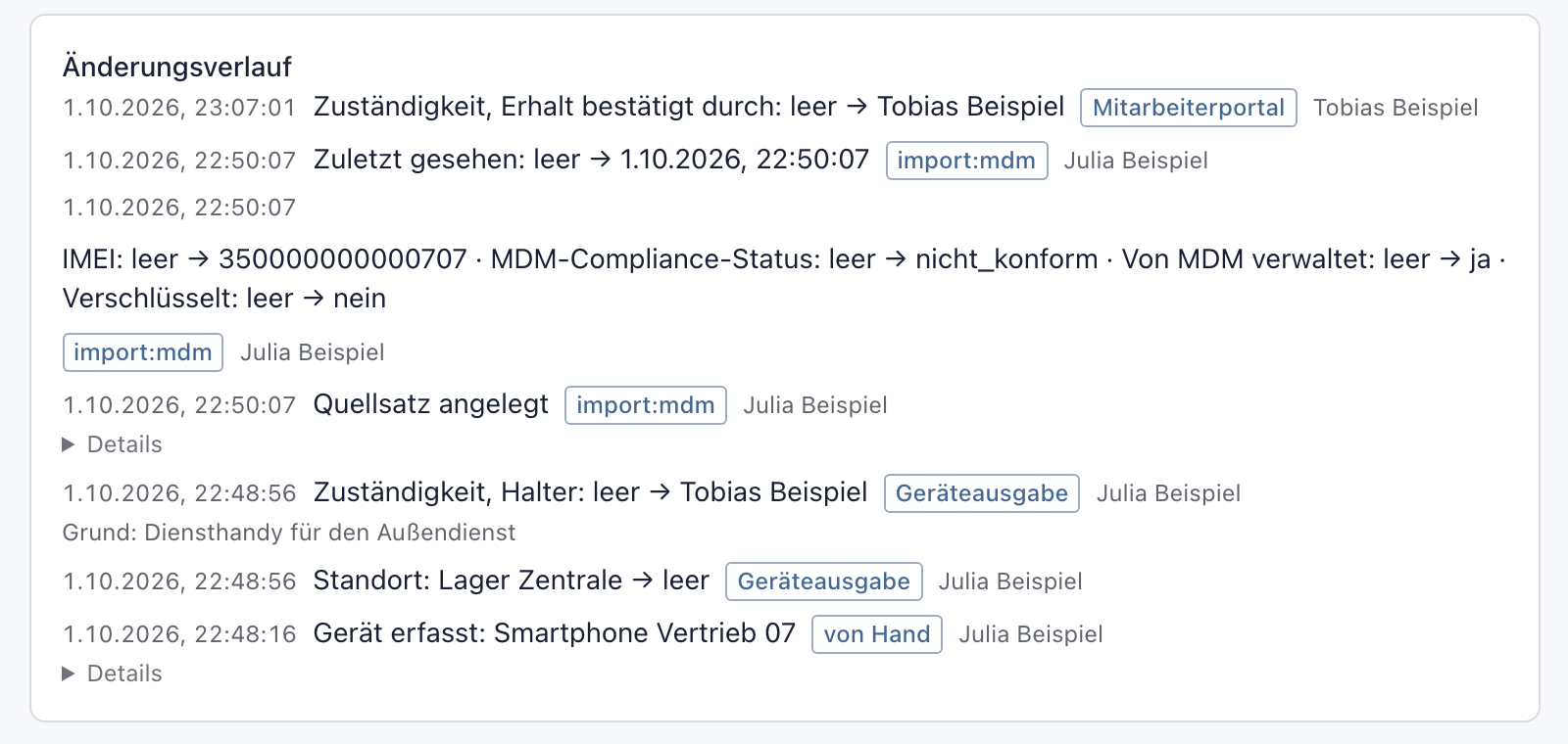 Änderungsverlauf des Smartphone Vertrieb 07 mit dem bestätigten Erhalt, den Werten aus import:mdm, Quellsatz angelegt, der Geräteausgabe und Gerät erfasst von Hand