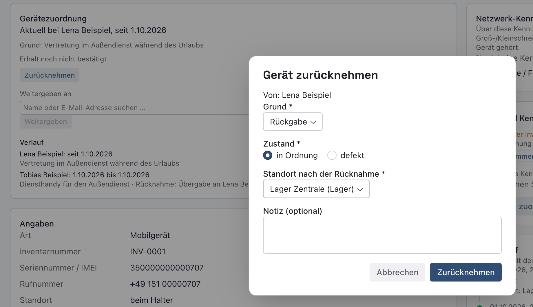 Dialog Gerät zurücknehmen von Lena Beispiel mit Grund Rückgabe, Zustand in Ordnung und Standort nach der Rücknahme Lager Zentrale