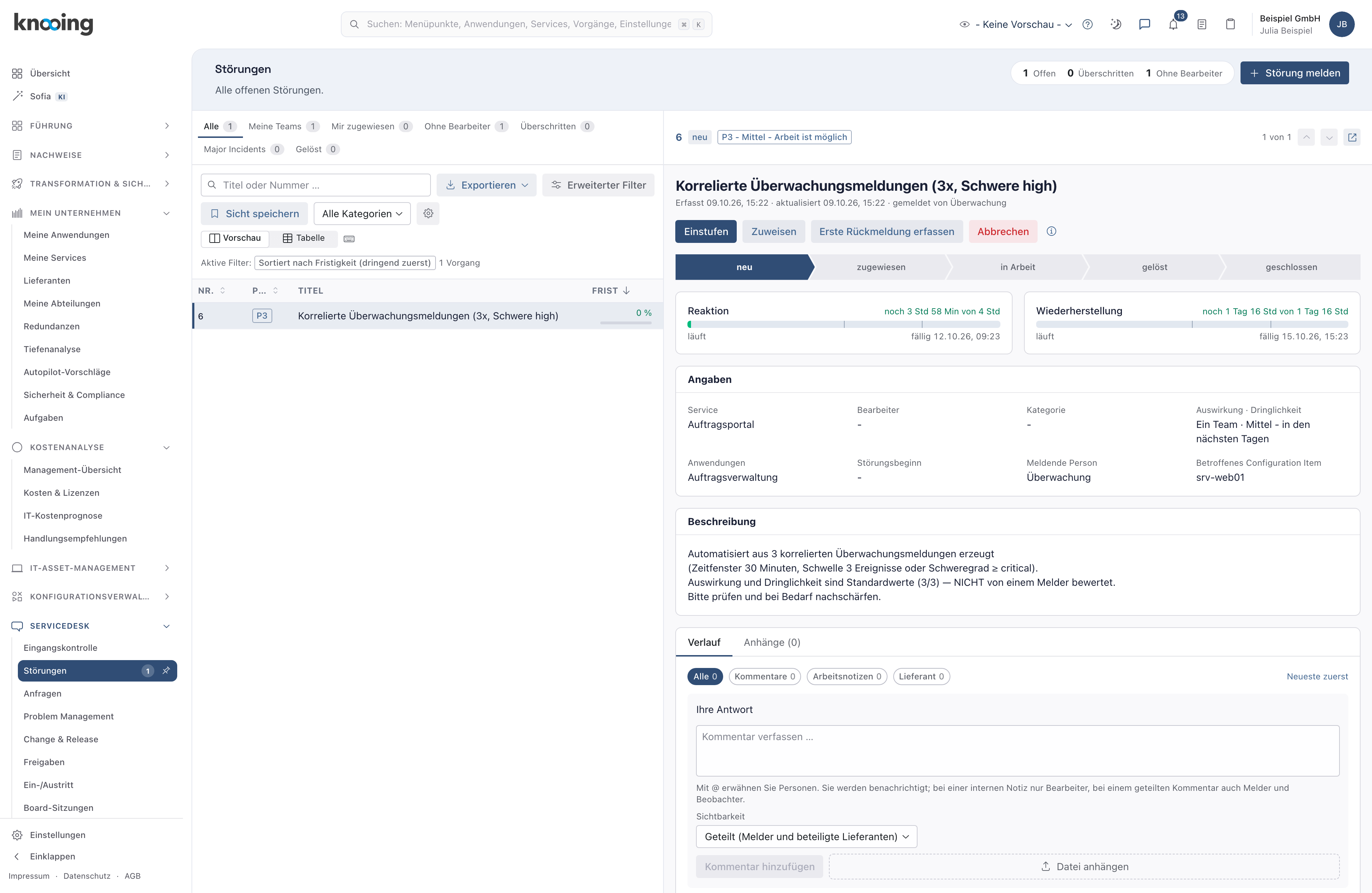 Störung Korrelierte Überwachungsmeldungen mit Beschreibung zur automatischen Entstehung und betroffenem Configuration Item srv-web01