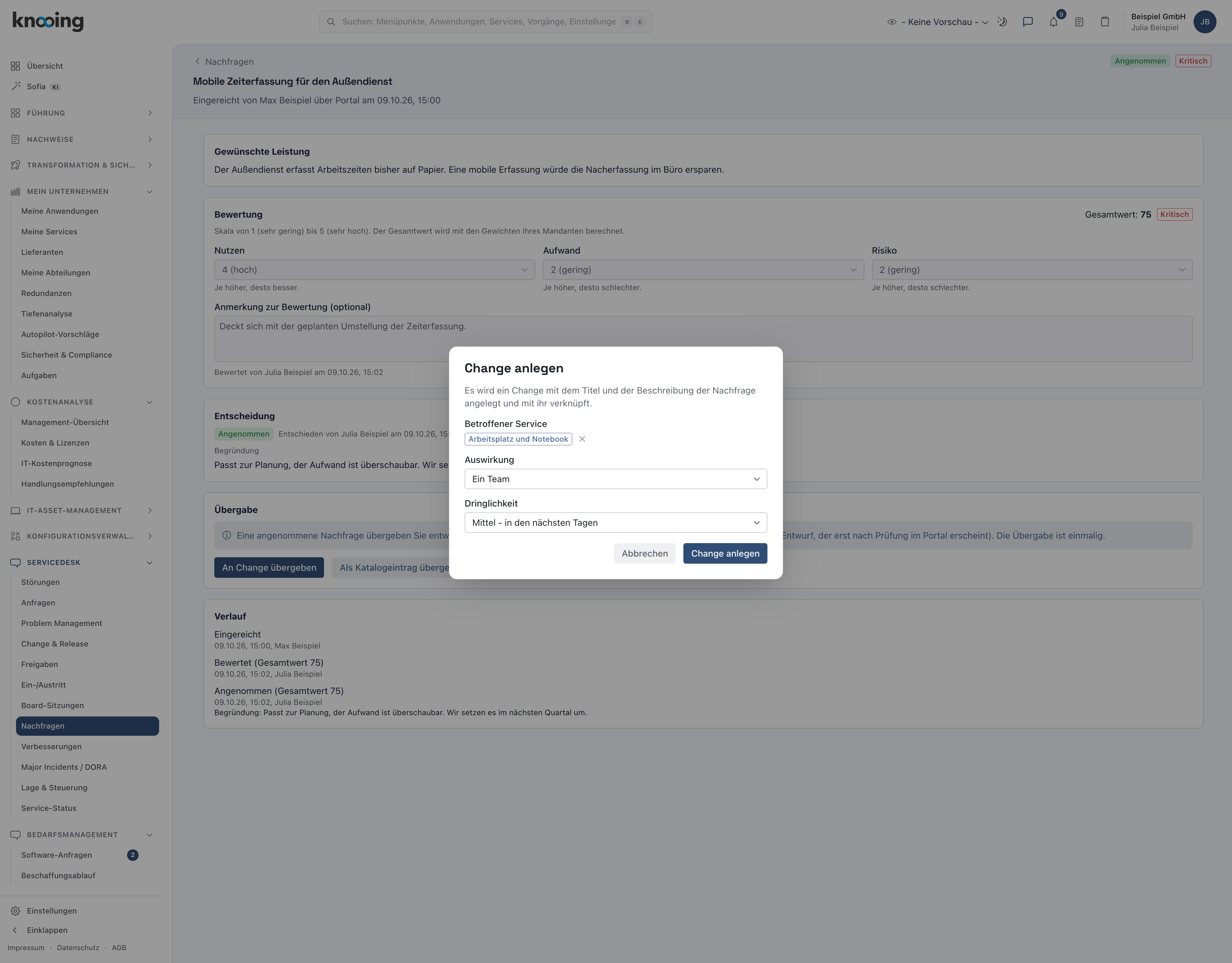 Dialog Change anlegen mit Service, Auswirkung und Dringlichkeit