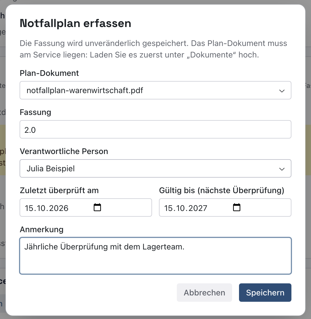 Dialog Notfallplan erfassen mit Plan-Dokument notfallplan-warenwirtschaft.pdf, Fassung 2.0, Verantwortliche Person Julia Beispiel, Zuletzt überprüft am 15.10.2026, Gültig bis 15.10.2027 und einer Anmerkung