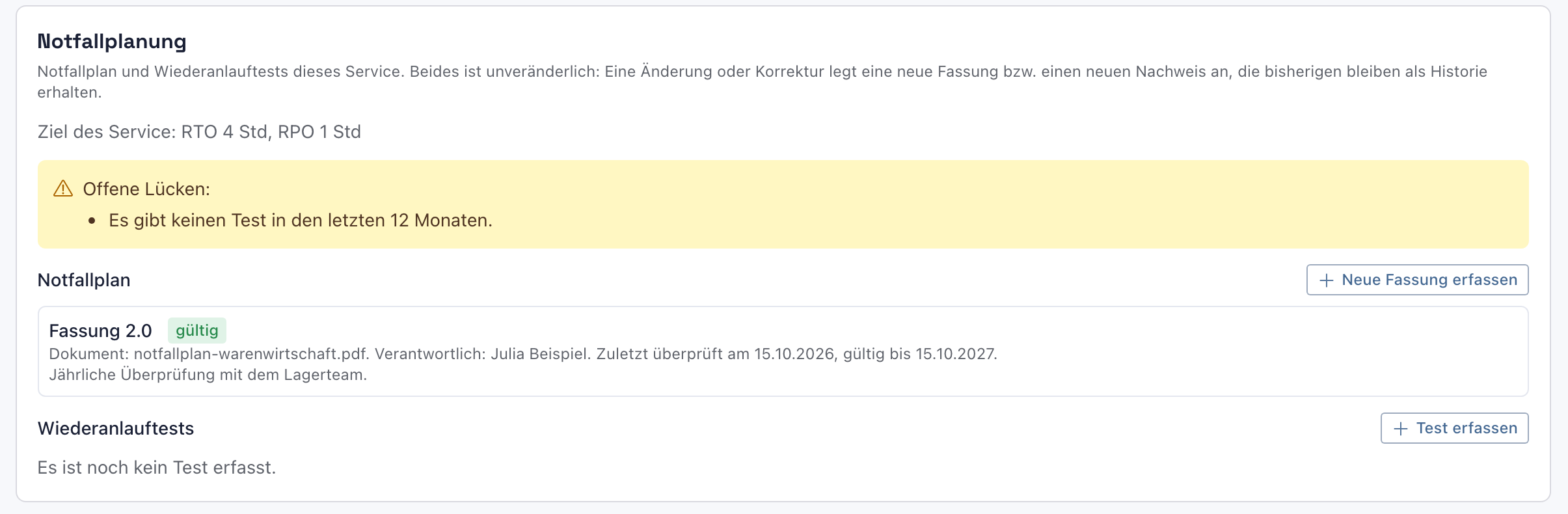 Notfallplanung mit der verbleibenden Lücke Es gibt keinen Test in den letzten 12 Monaten und der Fassung 2.0 mit dem Zeichen gültig