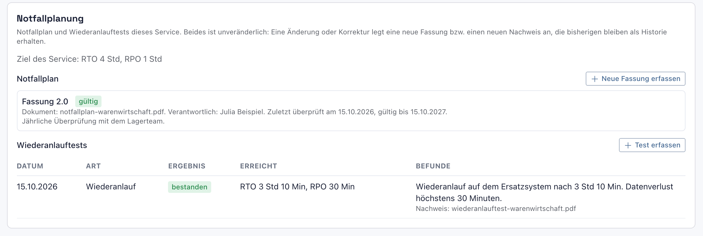 Notfallplanung ohne offene Lücken: Fassung 2.0 gültig und der Wiederanlauftest vom 15.10.2026, bestanden, RTO 3 Std 10 Min, RPO 30 Min